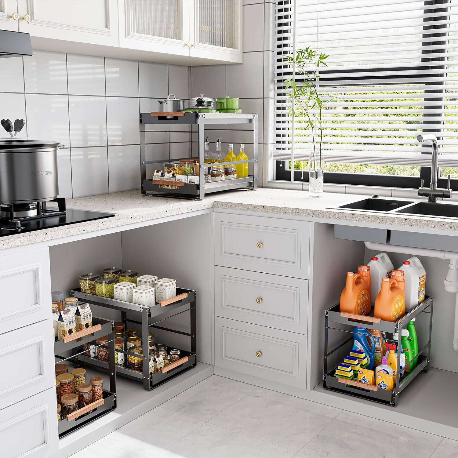 under sink organizer, pull out cabinet organizer 2 tier slide out sink shelf cabinet storage metal shelves, sliding under sink storage for kitchen bathroom laundry cabinet, heavy duty, 1 pack (gray)