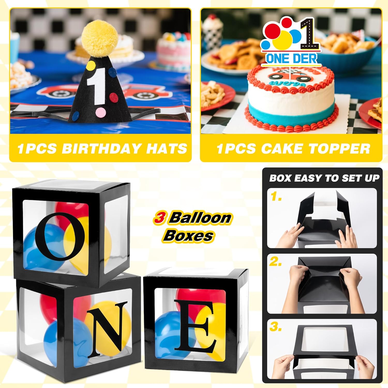Fast One Birthday Decorations for Boys - 1st Race Car Theme Party Supplies for Baby Shower Decoration Include Birthday Hat Cake Topper Backdrop Tablecloth Photo Banner Arch Balloon Boxes Poster - Image 5