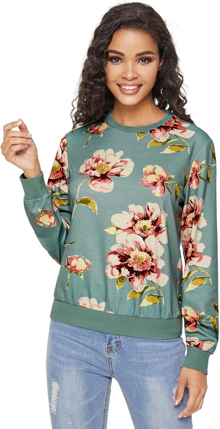 Romwe Women's Casual Floral Print Long Sleeve Pullover Tops Green S