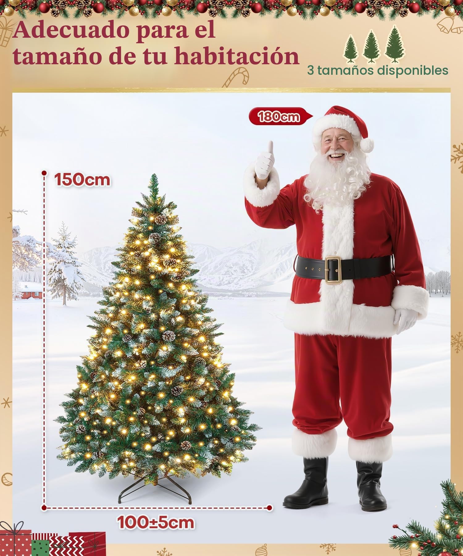 Yorbay Árbol de Navidad Artificial con Luces Led de Color Blanco cálido y Blanco Nevado Grande (150 cm 240LED)