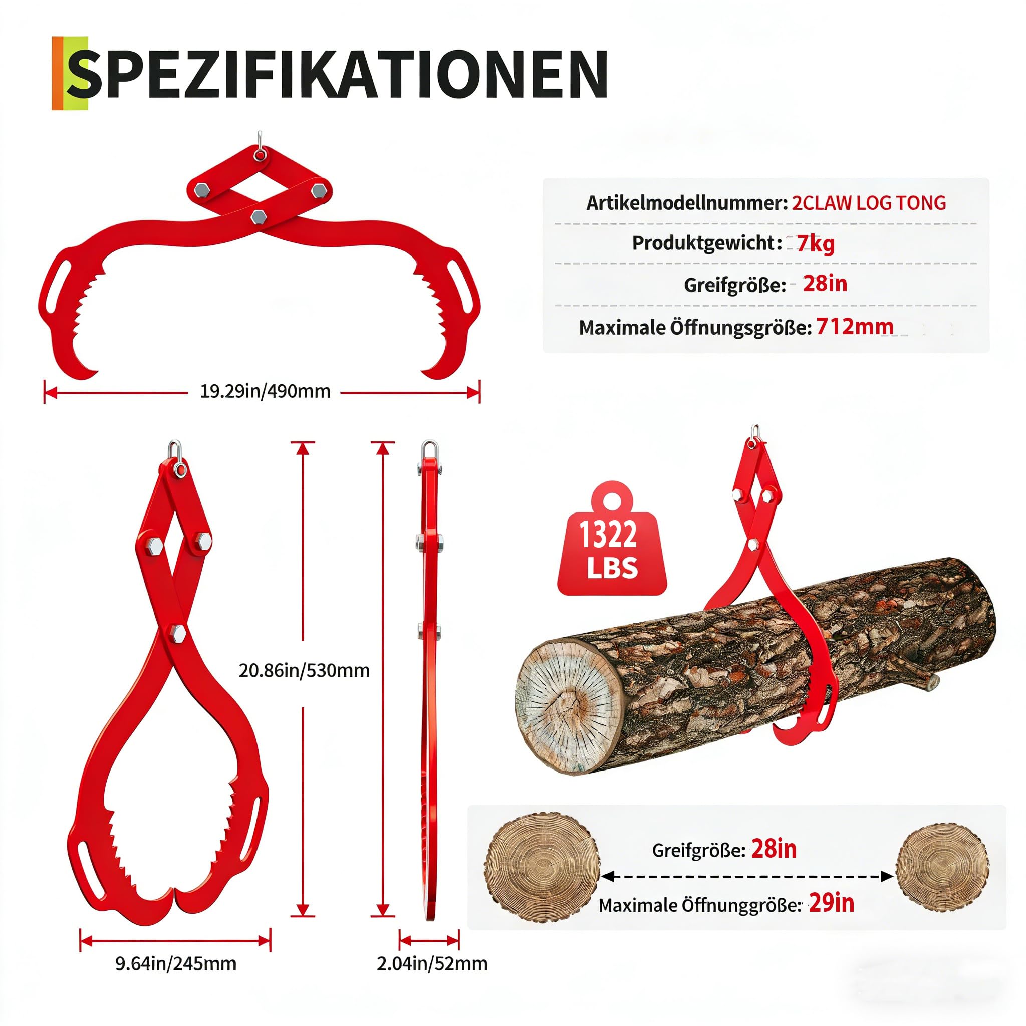 Forstzange Für Baumstämme Bis 712 mm, Mit 600Kg Zugkraft, Holzzange Hebezange Packzange Mit 2 Klemmdornen
