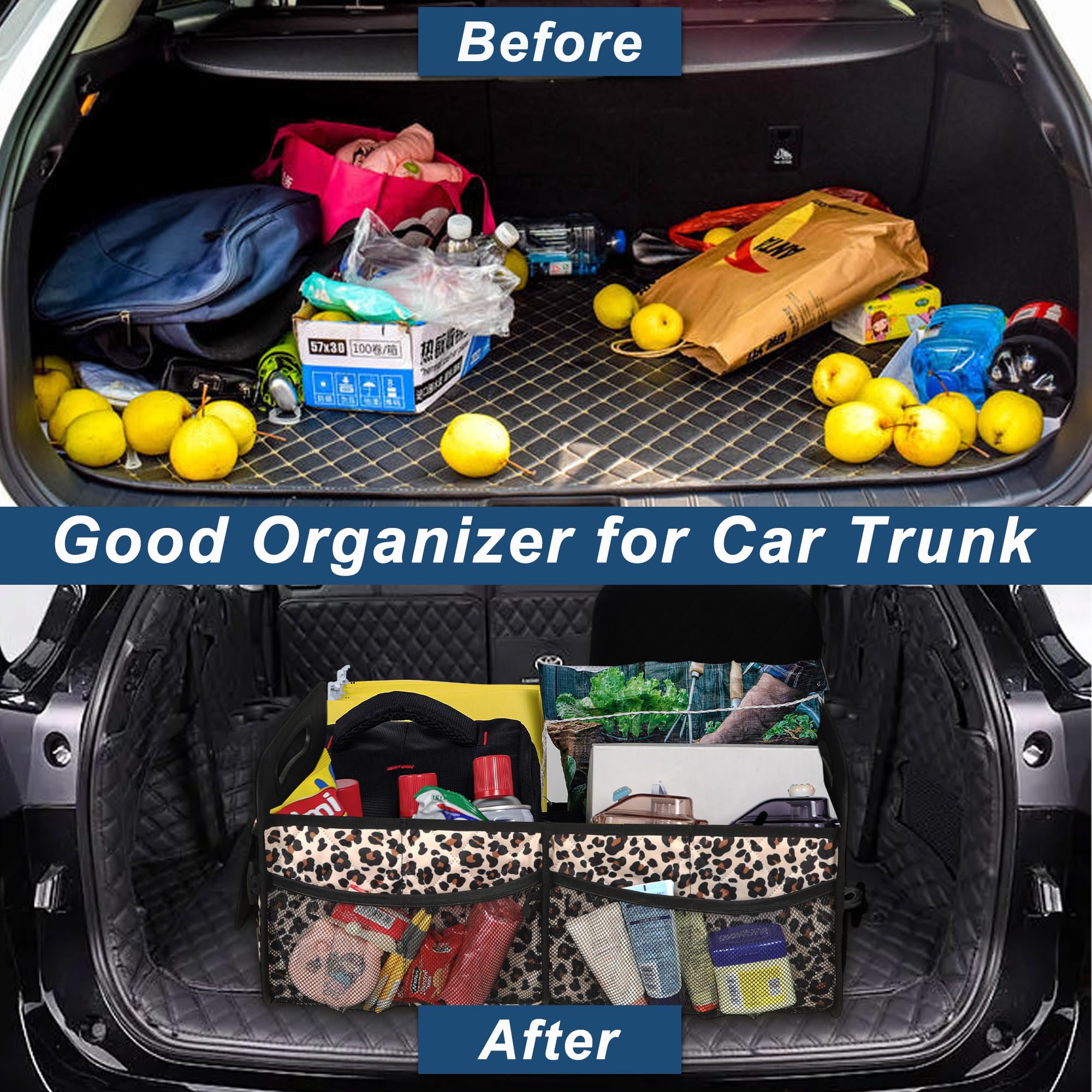 Deosk Car Trunk Organzier for suv,Car Organziers and Storage with 6 Big Pocket for Women/Men 50L Waterproof Polyester Trunk Organzier for Minivan/Truck(Medium,Leopard print)