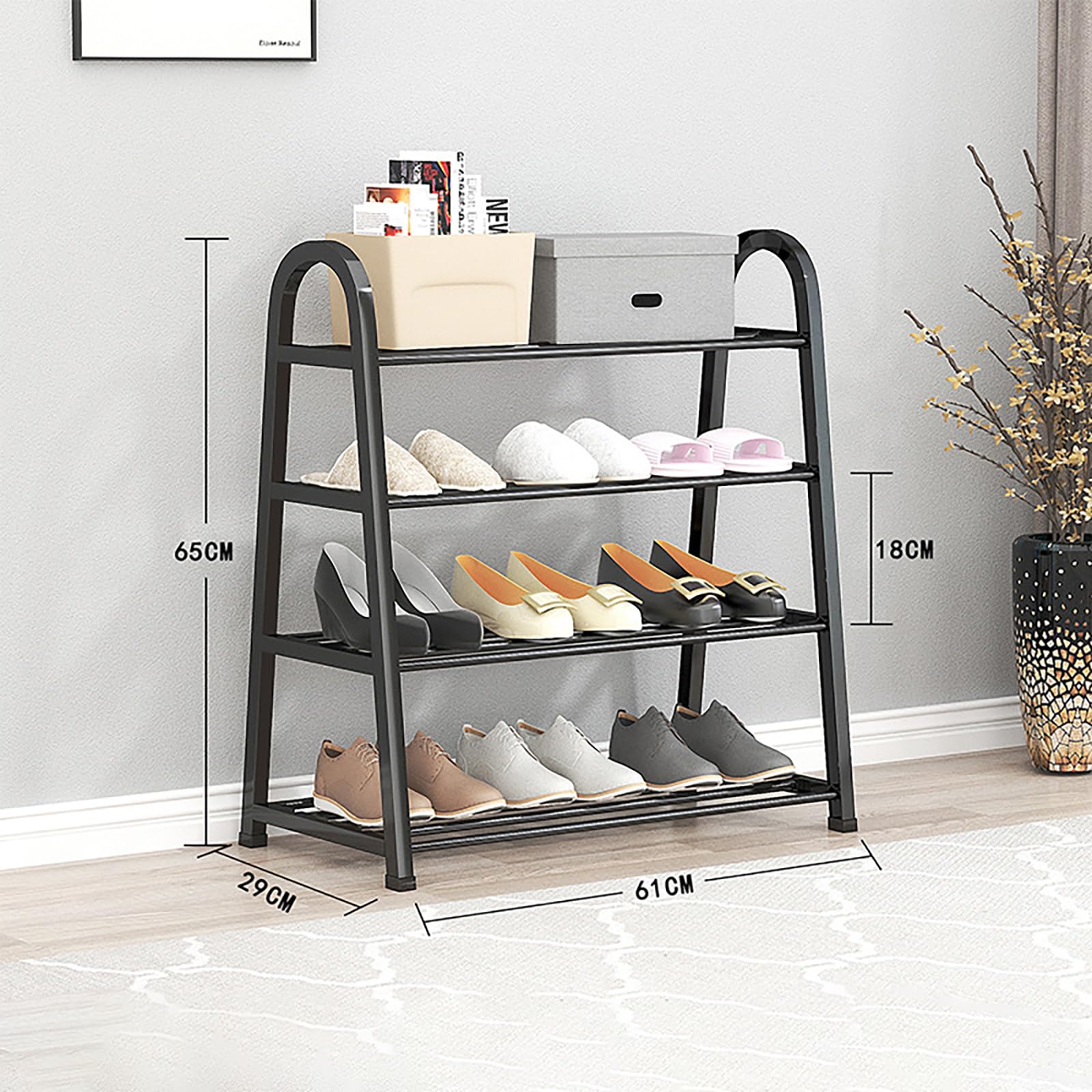 Zapatero negro estrecho organizador de almacenamiento para entradas, pasillos y armarios, organizador de almacenamiento pequeño con 4 niveles (61 x 29 x 65 cm)