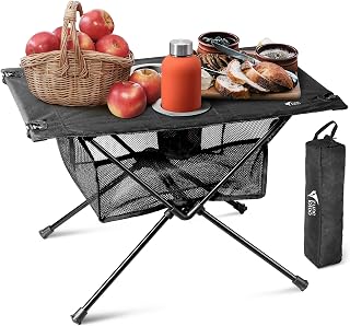 ZUNE LOTOO Portable Camping Table Foldable, Small Outdoor Folding Camp Table with Drink Holder & Mesh Storage, Collapsible Beach Table for Backpack, Picnic, Tent Side, Rv, Travel, Fishing, Hiking