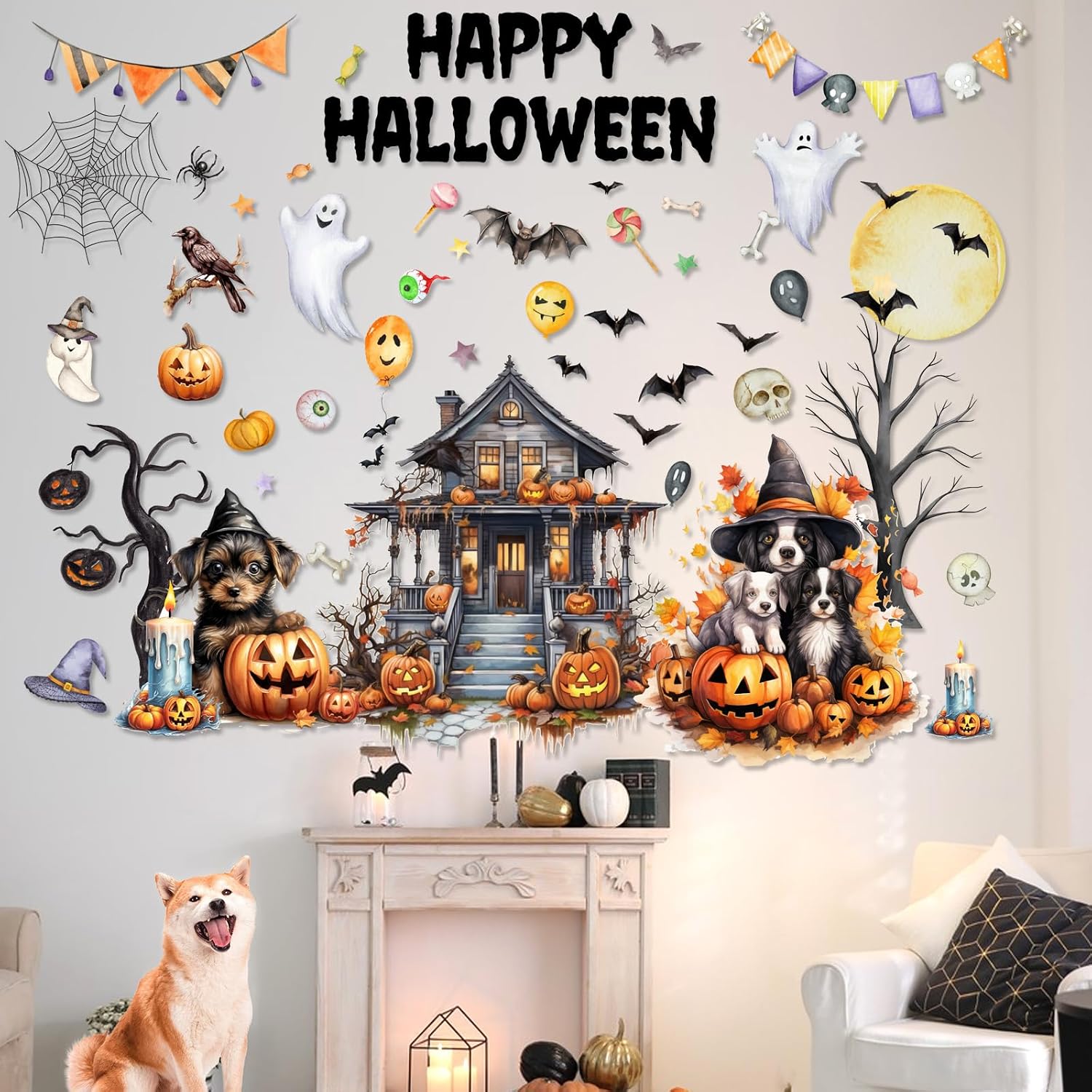 Halloween Dog Party Decorations Pet Dog Wall Clings Stickers with Pumpkin Bat for Home Walls Scary Party - PVC Material