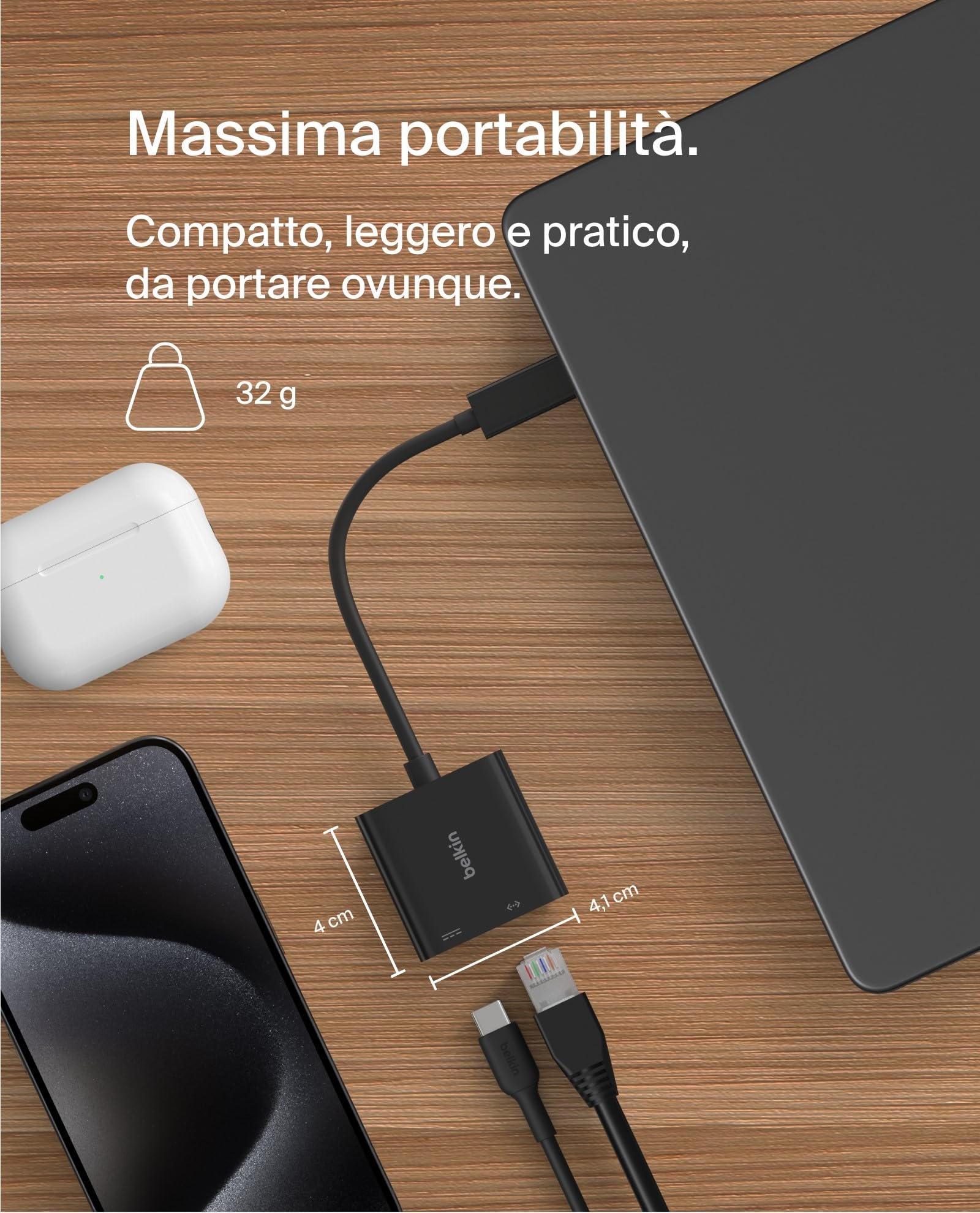 Belkin Connect Adattatore da USB-C a Ethernet + ricarica da 100 W, Gigabit Ethernet, USB-C, 10/100/1.000 Mbps per una connessione Internet rapida, compatibile con iPhone 15, Samsung Galaxy S24 e altri