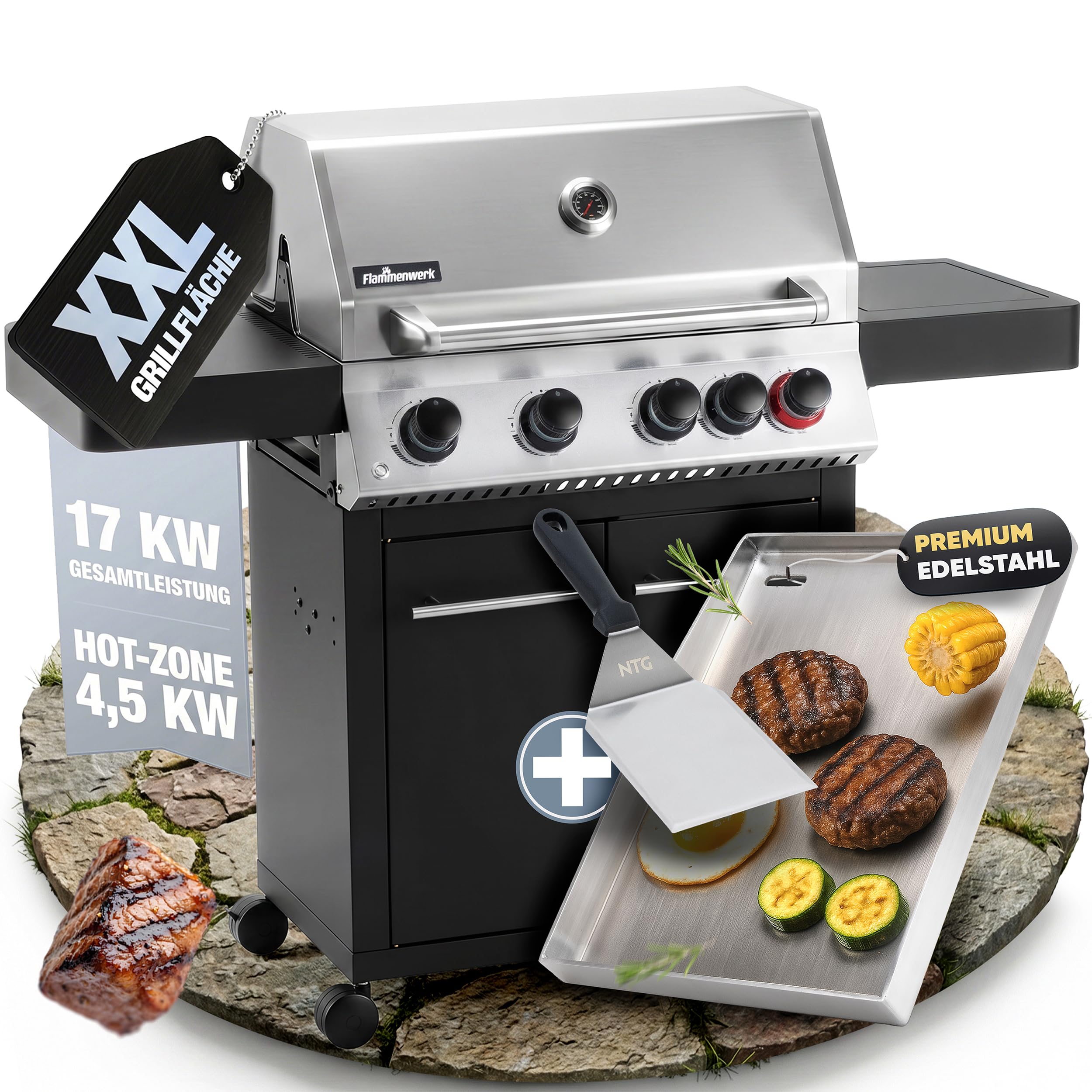 Profesjonalny grill gazowy 4 + 1 palnik, moc całkowita 17 kW, oświetlenie LED i płyta kuchenna boczna, wysokiej jakości grill na kółkach ze stali nierdzewnej (grill gazowy + plancha)