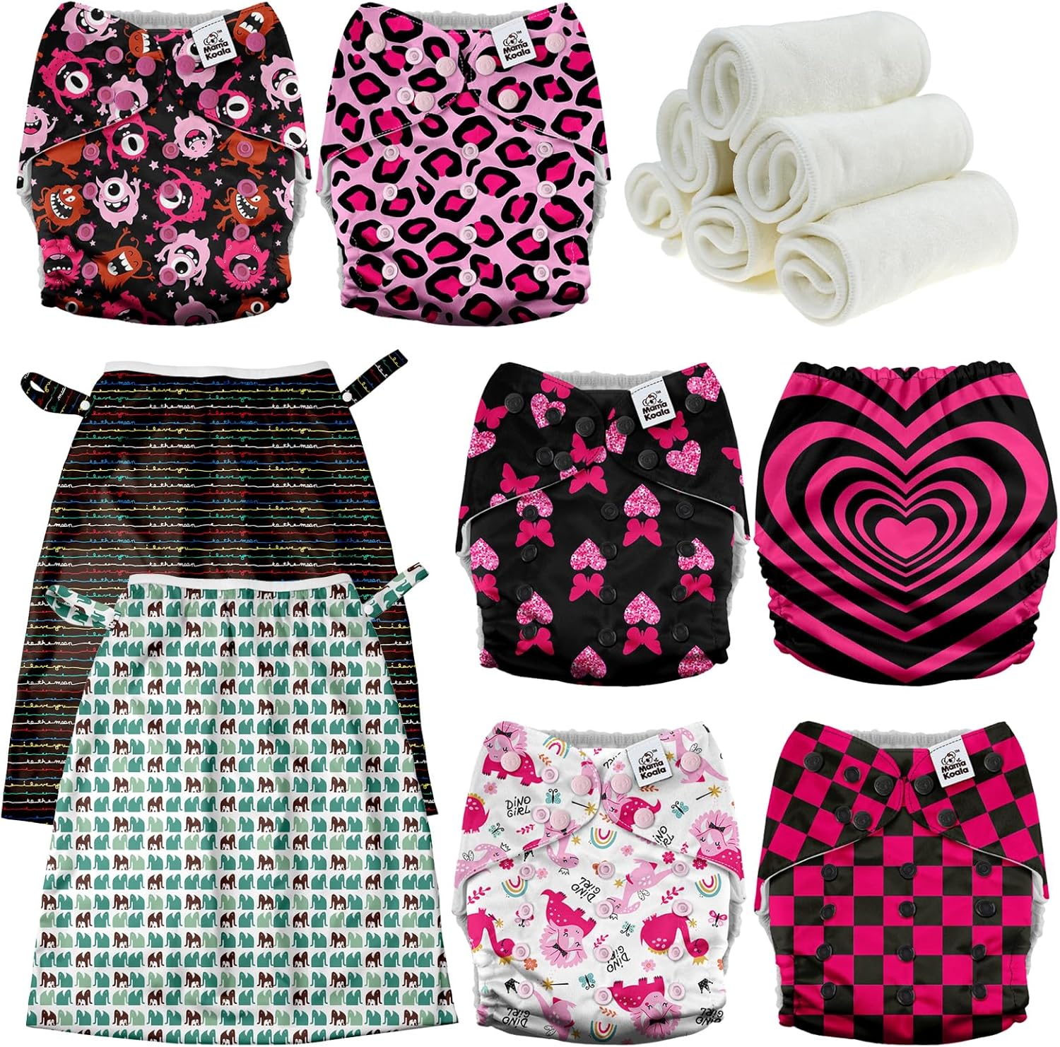 Mama Koala 3.0 Baby Cloth Diapers with 6 Inserts Bundle(Pink Love), with 2 Pack Reusable Pail Liner
