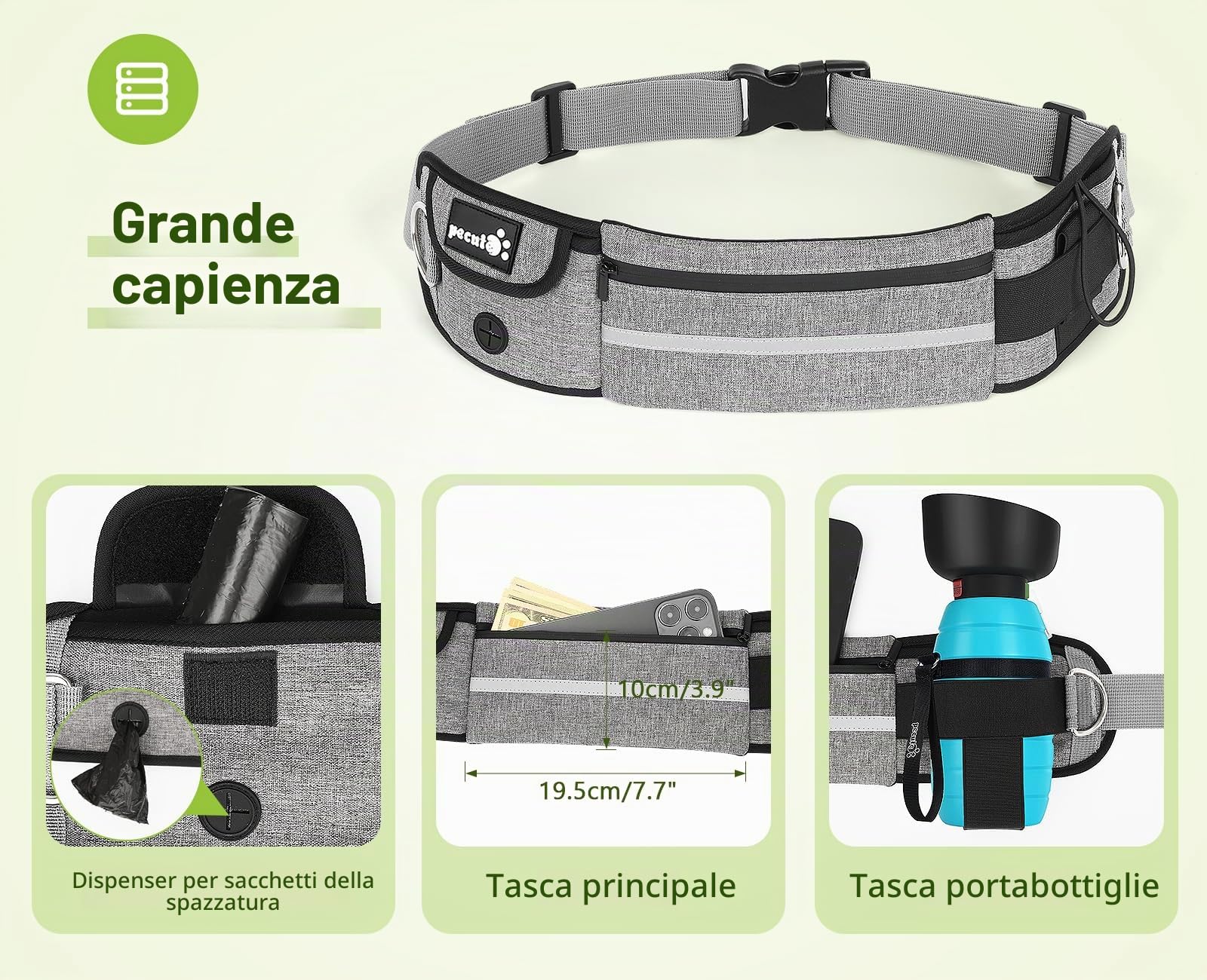 Pecute Guinzaglio Mani Libere per Cani,Guinzaglio per Cani, Camminata, Allenamento, Escursionismo, Cintura in Vita Regolabile e Custodia per l'acqua, per Corsa, Jogging, Grigio Chiaro