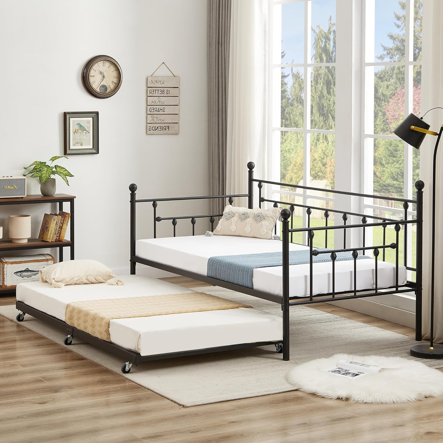 VECELO Twin Size Daybed Frame Metal Steel Slat Support with Headboard Sofa Bed Platform for Living Room, Guest Room, Easy Assembly, Black