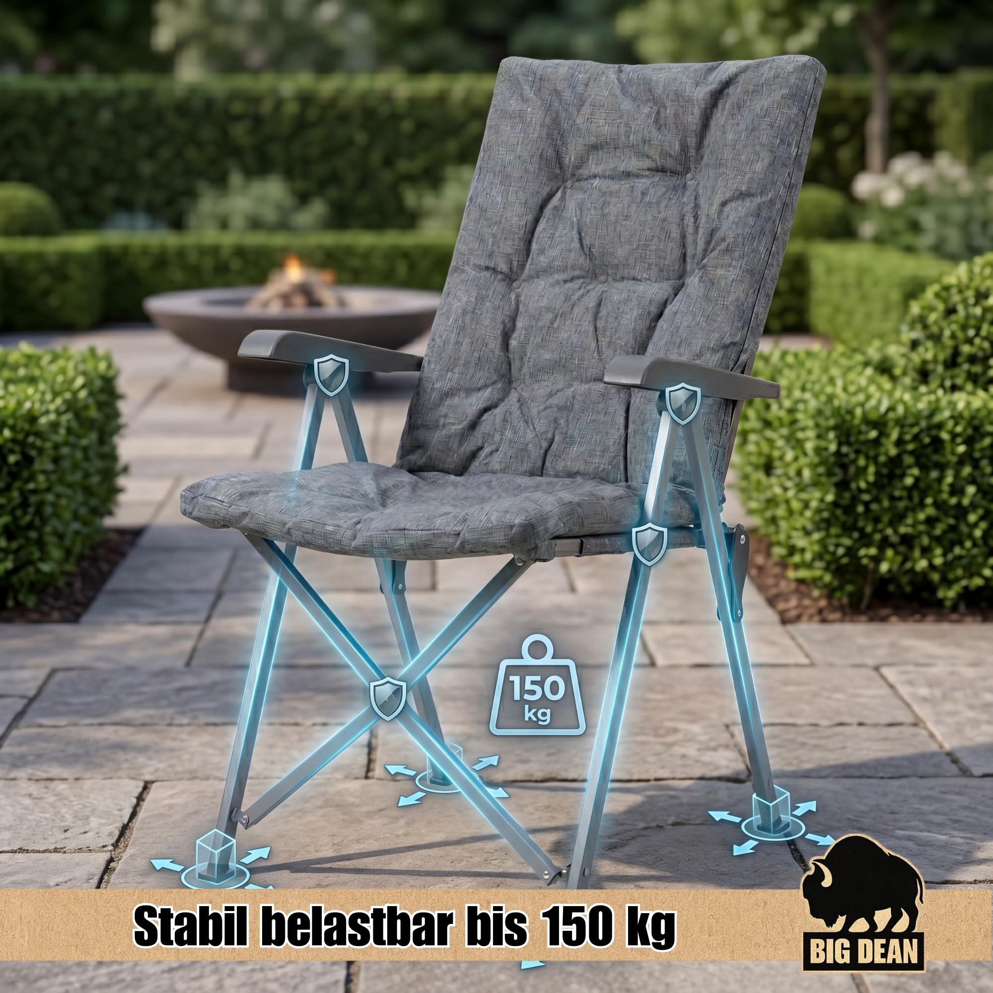 BigDean Lot de 2 chaises de camping pliantes, réglables en 4 positions, jusqu'à 150 kg, rembourrées épaisses, dossier haut, chaise de pêche pour camping, jardin, balcon