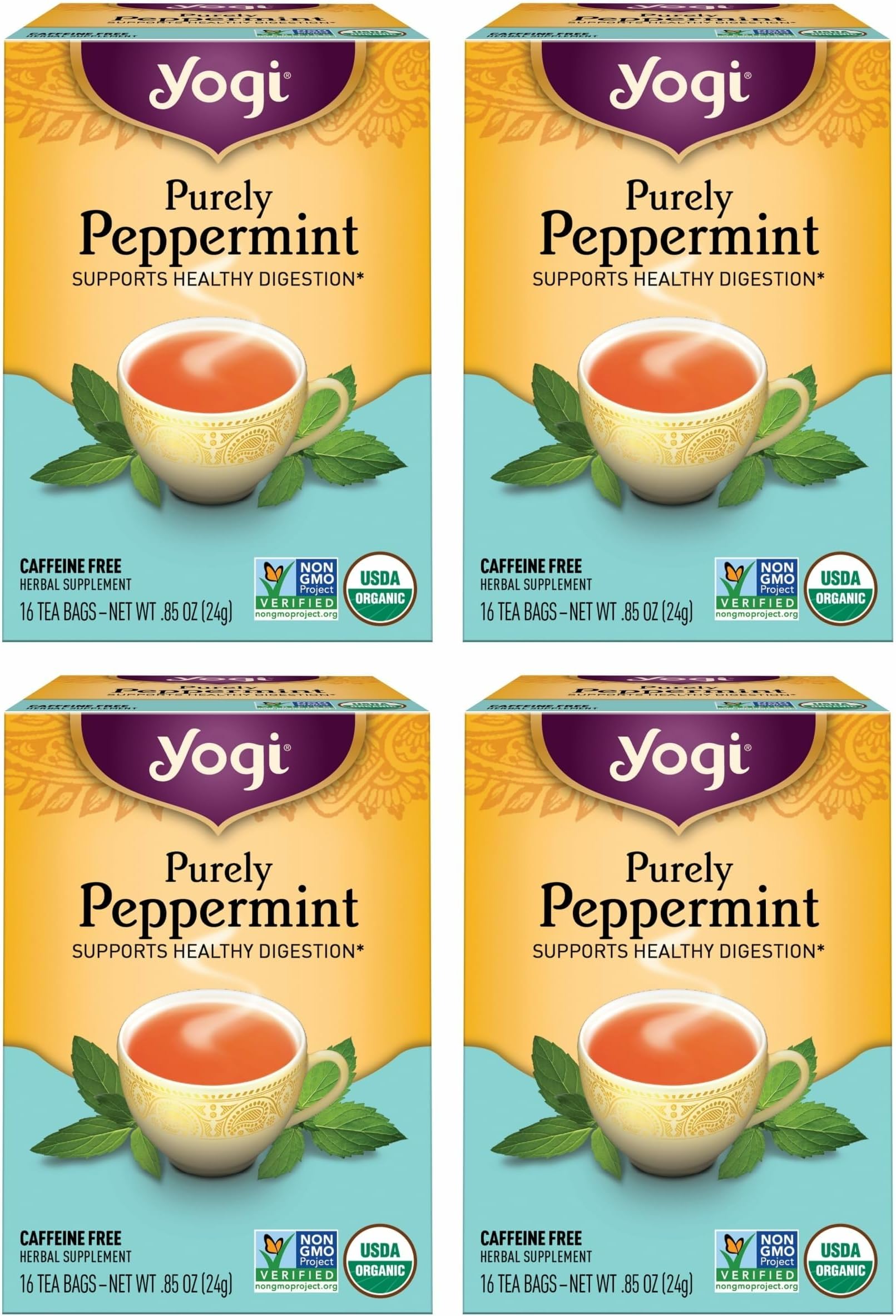 Yogi Tea Purely Peppermint - 16 Bags per Pack (4 Packs) - Caffeine-Free, Organic Peppermint Tea Bags - Offers Digestive Support - Made from Organic Peppermint Leaves