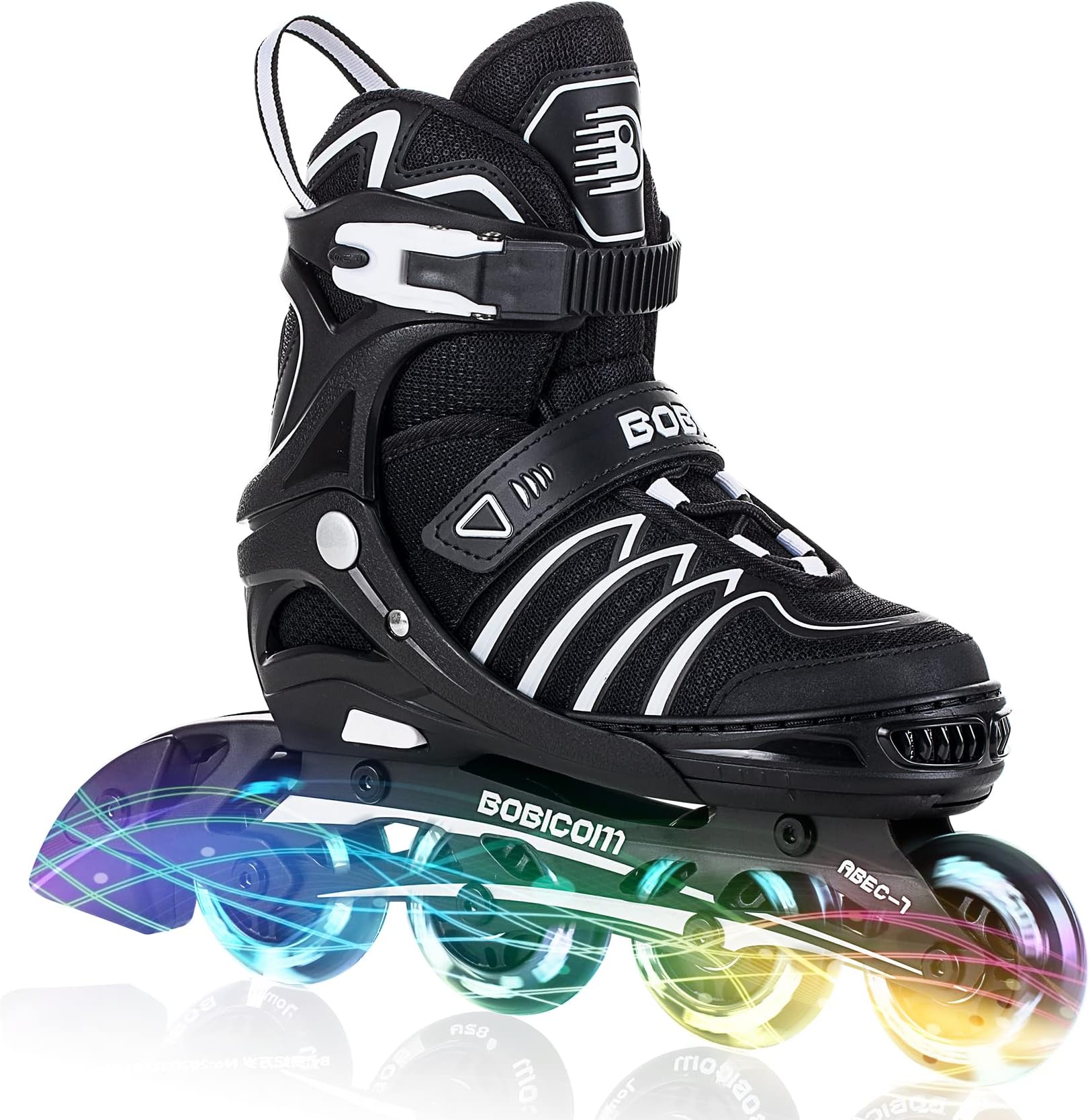 BOBICOM Adjustable Inline Skates with Full Light Up Wheels,Outdoor Illuminating Roller Skates for Kids and Adults, Girls and Boys, Men and Women, Black S
