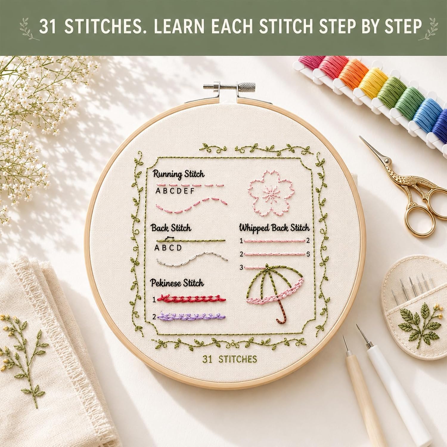 Cikeela Embroidery Stitch Book Beginner with Fabric Pages, 31 Essential Stitches in Structured Learning Order for Adults, DIY Sewing Kit with Floral Motifs, Practice Patterns EmbroideryStitch Book Kit