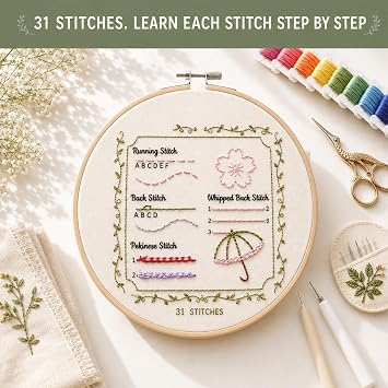 Cikeela Embroidery Stitch Book Beginner with Fabric Pages, DIY Sewing Kit with Floral Motifs, 31 Essential Stitches in Structured Learning Order for Adults, Practice Patterns EmbroideryStitch Book Kit