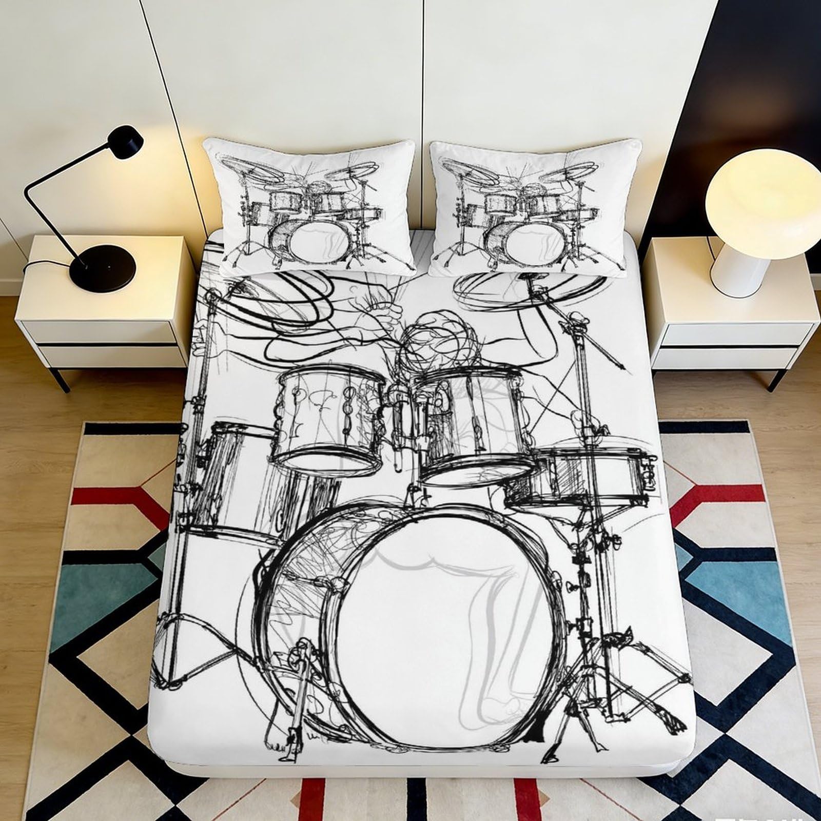 3D Printed Drum Set Fitted Sheet Microfiber Soft Black White Musical Band Mattress Cover for Bedroom Dorm Home Decor 90x200x25cm