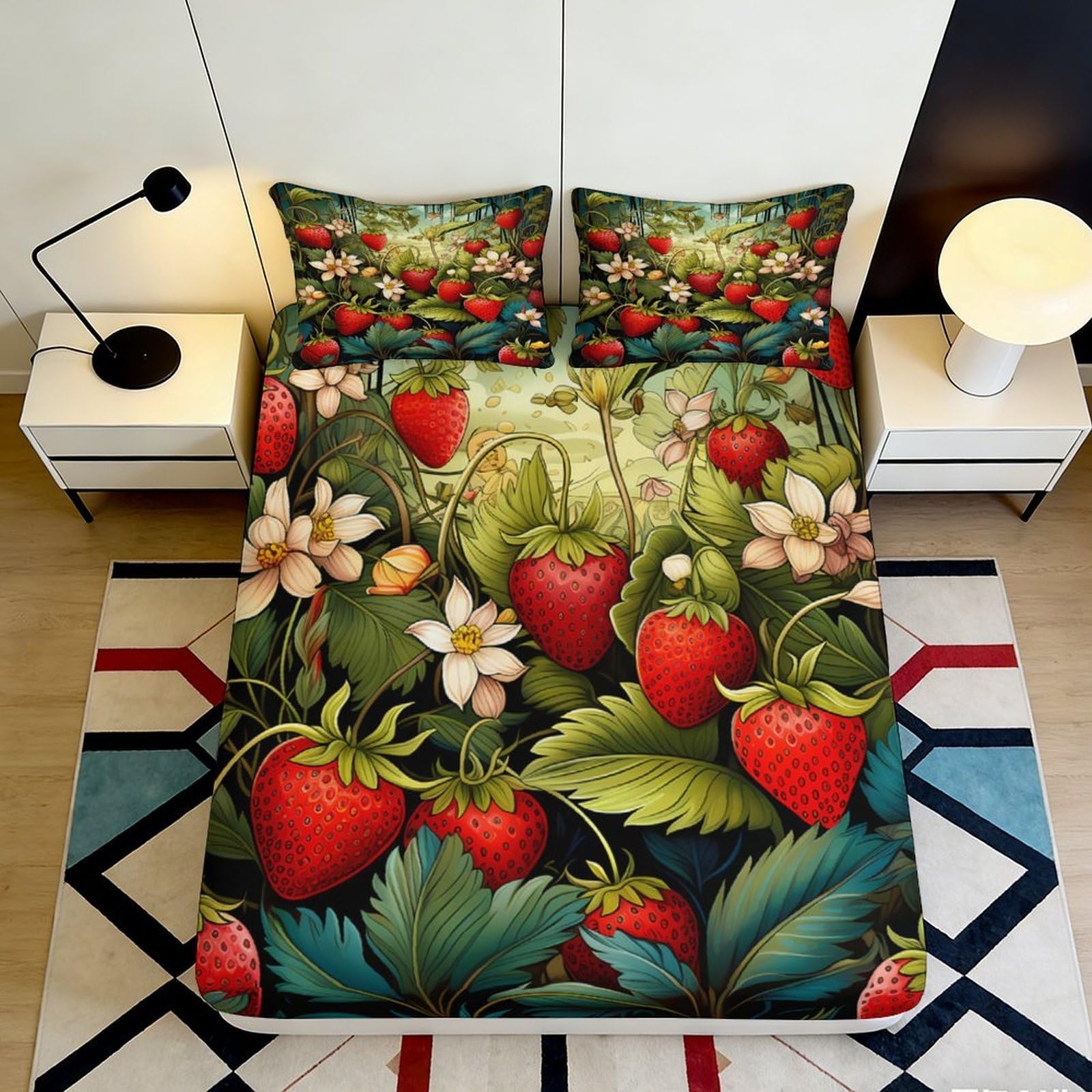 3D Printed Strawberry Blossom Fitted Sheet Microfiber Soft Red Green Mattress Cover for Bedroom Dorm Decor 90x200x25cm