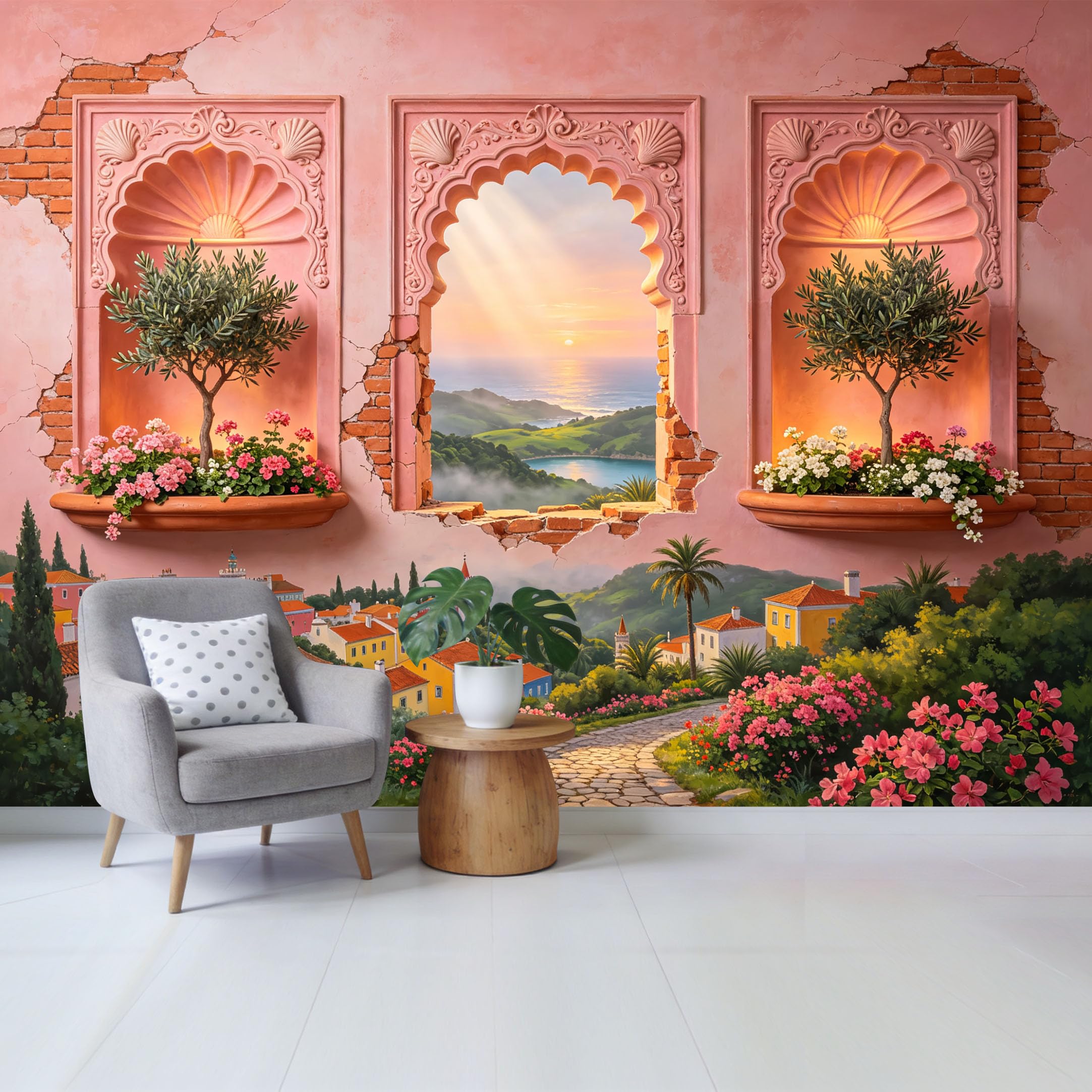 Custom Size Wall Mural Mediterranean Coastal Village Sunset View Through Vintage Arch Windows Botanical Floral Removable Self Adhesive Fabric Home Wall Decor for Living Room Bedroom Bathroom