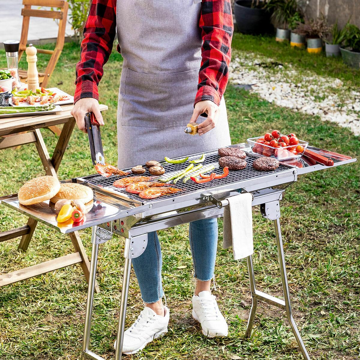 InnovaGoods® Barbecue carbone con tappetino per forno e barbecue, in acciaio inox per carbone, tappetino in fibra di vetro spazio cibo 57x29cm, ripiano laterale per accessori cucina