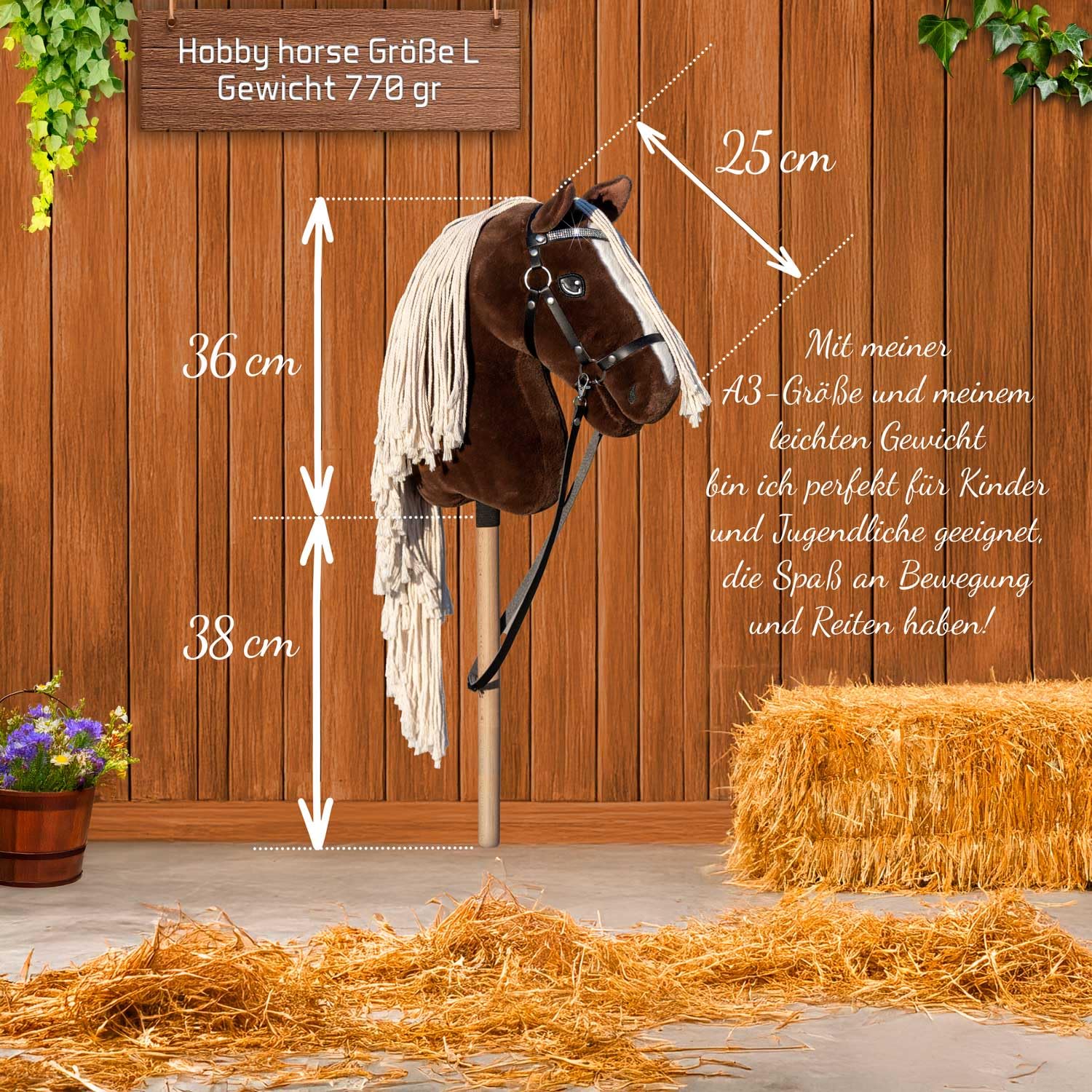 Hobby Horse A3 Sunny Dream - Caballo Alezan Oscuro con crins lavados - Red completa con frontal brillante - Flot Satén Blanco y Marrón Oferta - Juguete ecuestre para niños y adolescentes