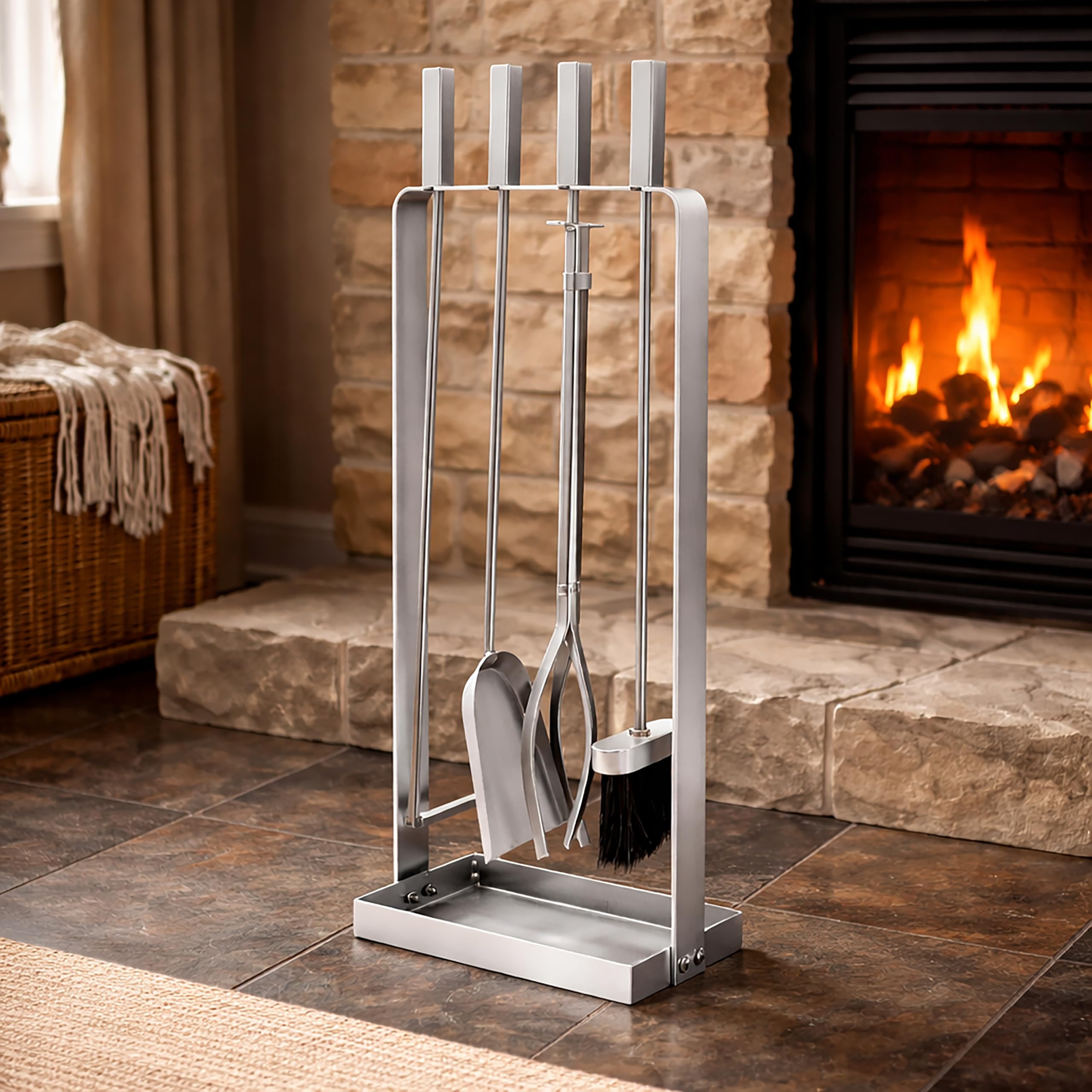 Homezone Coal Marco Paul Modern Square Fireside Tool Set Fireplace Contemporary Fire Bucket With Vintage Style - Fireside Companion Set Wood Burner, Scuttle Kindling Fire Log Burner Accessories - 4Pc