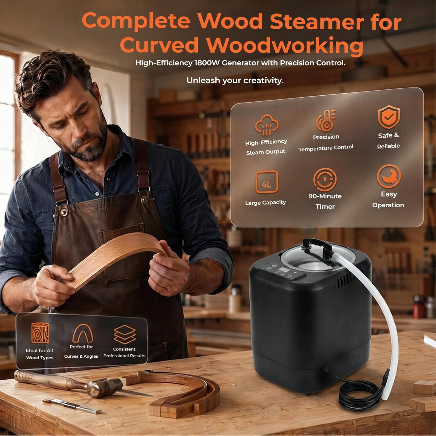 Wood steamer for Bending Steam Generator Kit with 63" Foldable Steam Box Woodworking Tools Bending Kit Adjustable Temperature for Curved Furniture DIY Projects