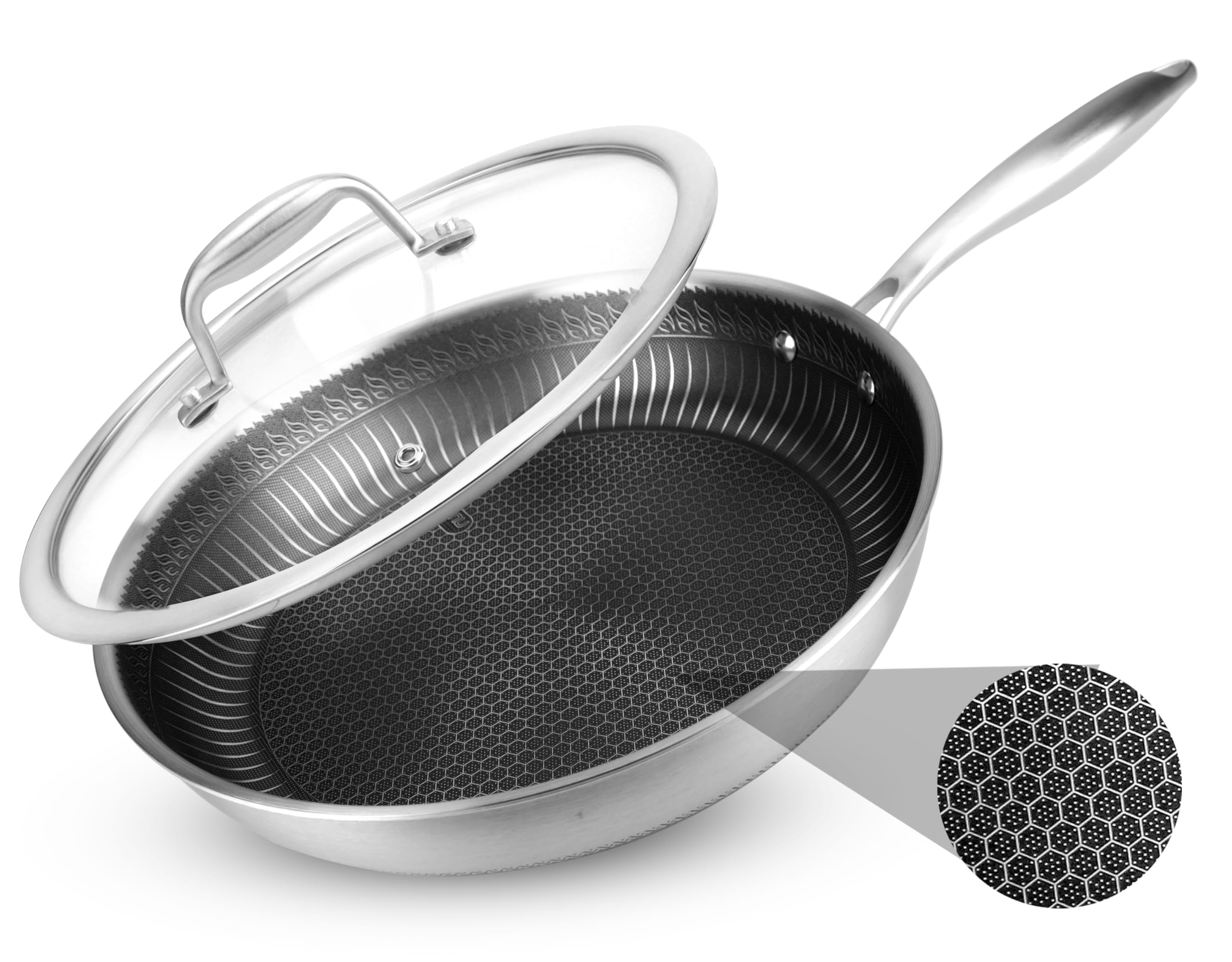 NutriChef Patelnia Ze Stali Nierdzewnej 12" – Patelnia Wok Triply Z Powłoką Antypoślizgową DAKIN, Struktura Odpornie Na Zarysowania, Tekstura Płomieniowa