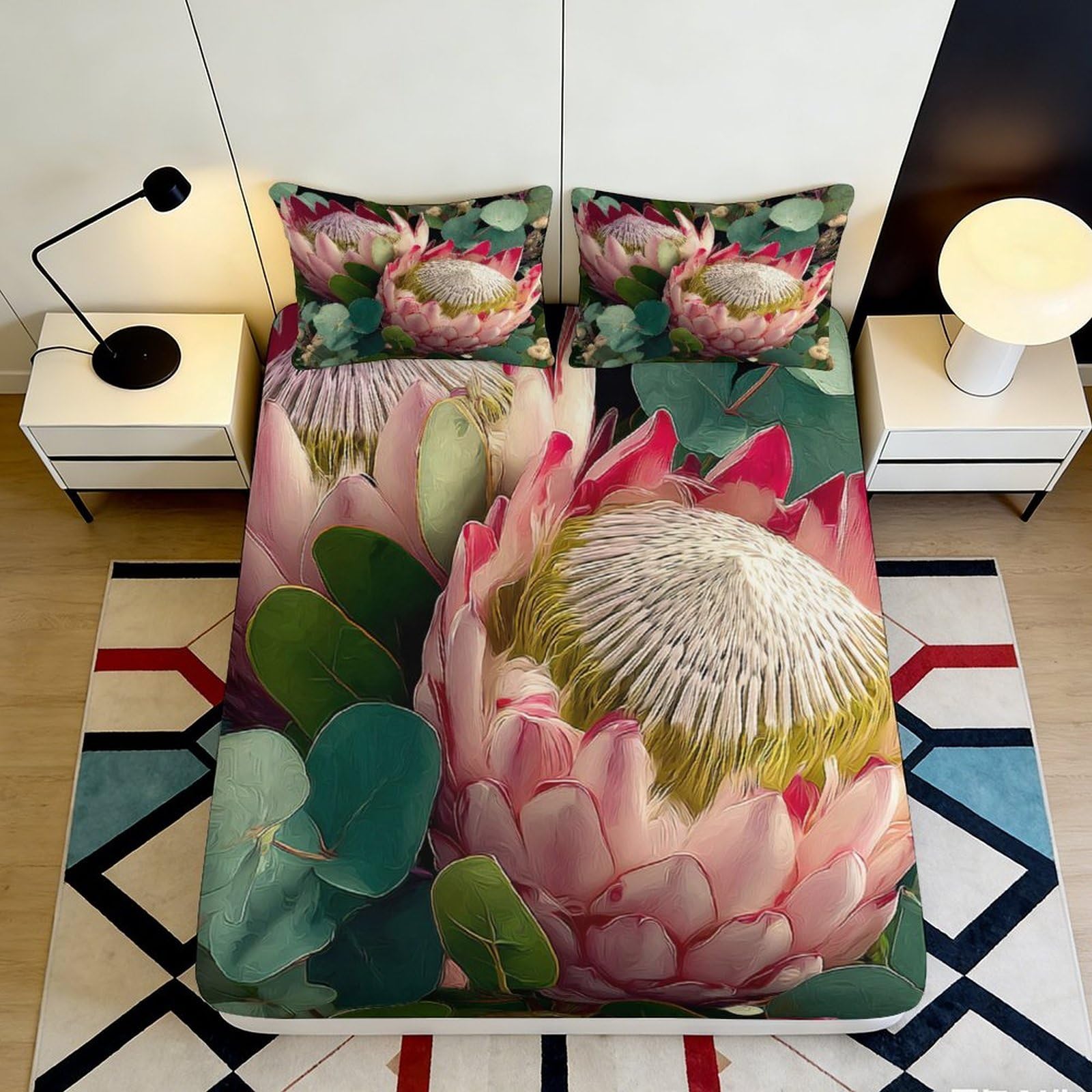 3D Printed Pink Protea Flower Fitted Sheet Microfiber Soft Botanical Mattress Cover Bedroom Decor Anti-Slip Washable 160x200x25cm