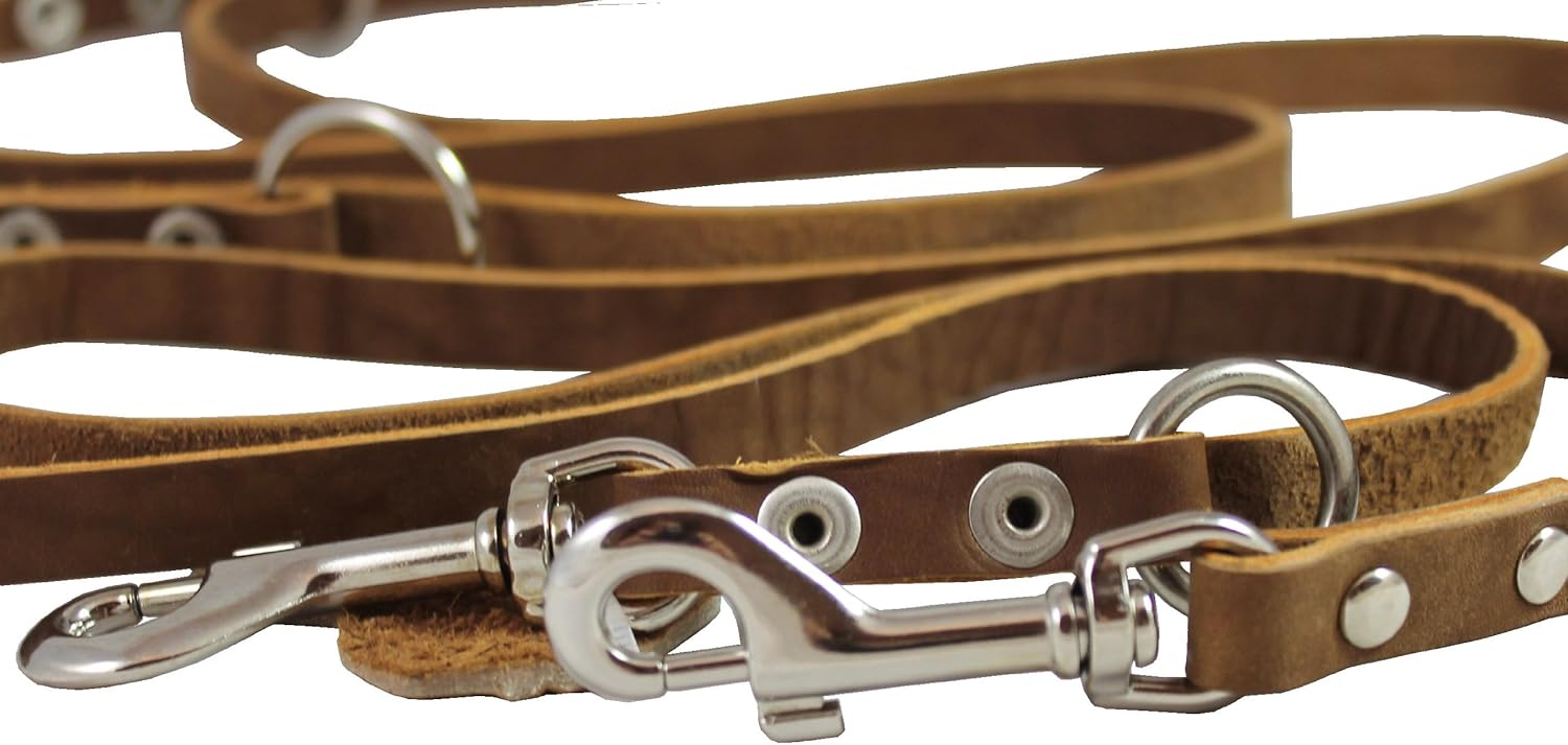 Tan 6 Way European Multifunctional Leather Dog Leash, Adjustable Schutzhund Lead 49"-94" Long, 3/8" Wide (10 mm). Puppies, Poodle, Chihuahua