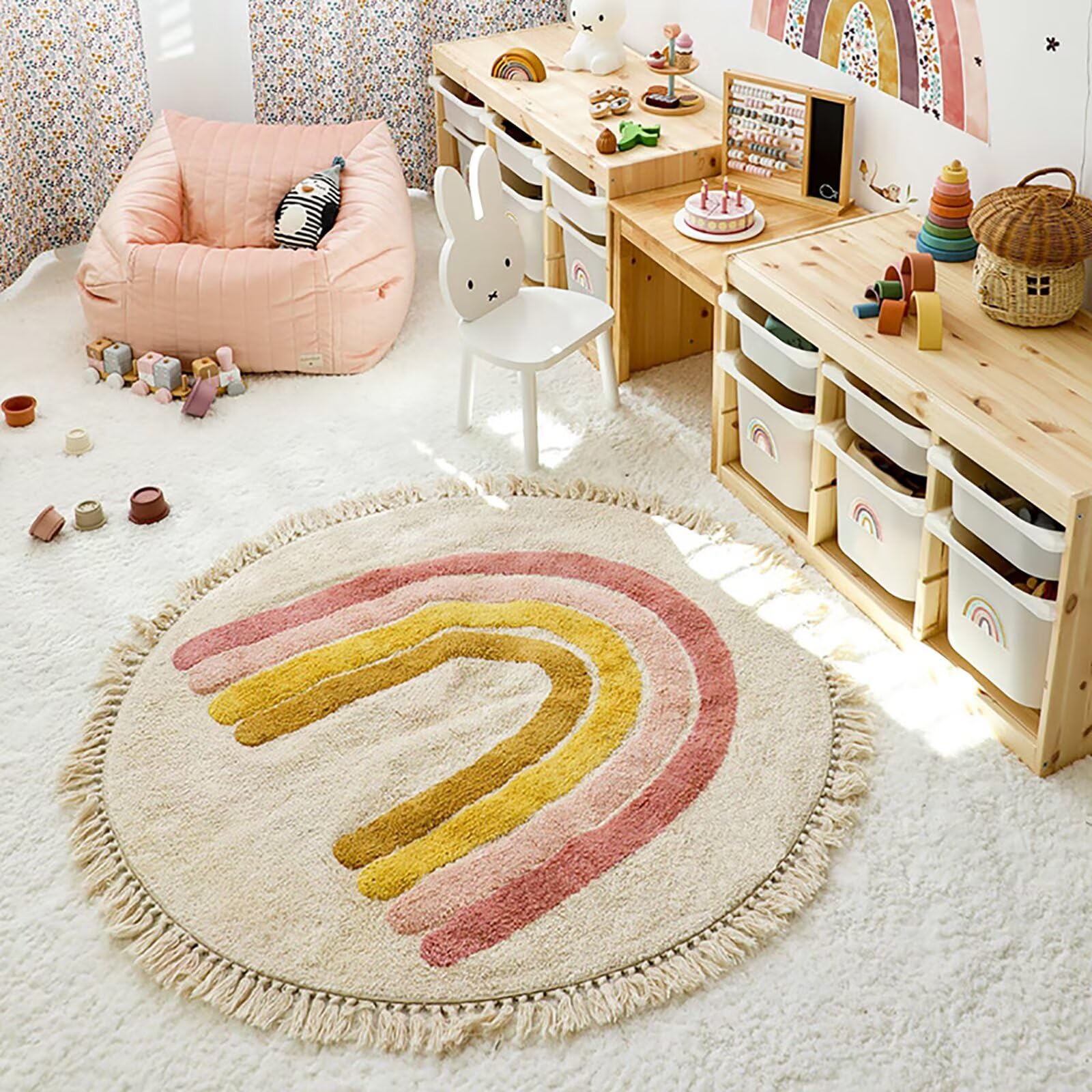 Tospass Kinderzimmer Teppich Regenbogen Weicher Rund Quasten Waschbarer Kinder Teppich Schlafzimmer Junge Mädchen Kurzflor rutschfest Teppich, 100 cm Rund