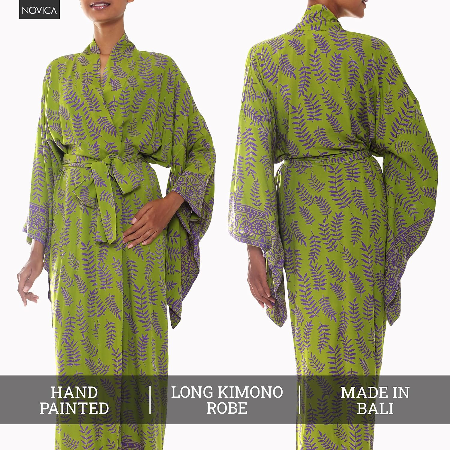 NOVICA Artisan Handmade Rayon Robe Balinese Green Purple Fern Leaf Kimono Style Clothing Greenery Patterned Indonesia Tree ' Tropical Fern Forest'