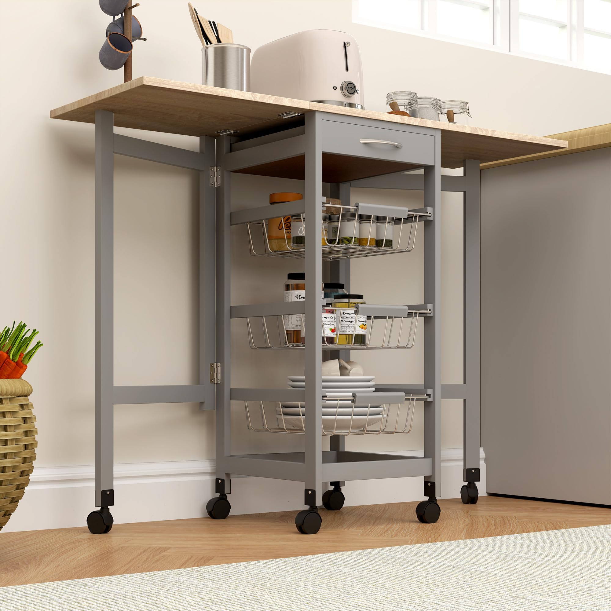 HOMCOM Carrito de Cocina con Alas Plegable, Carrito Auxiliar con Ruedas, Verdulero con Cajón y 3 Cesta de Metal, 97,2x37x77,5 cm, Gris y Roble