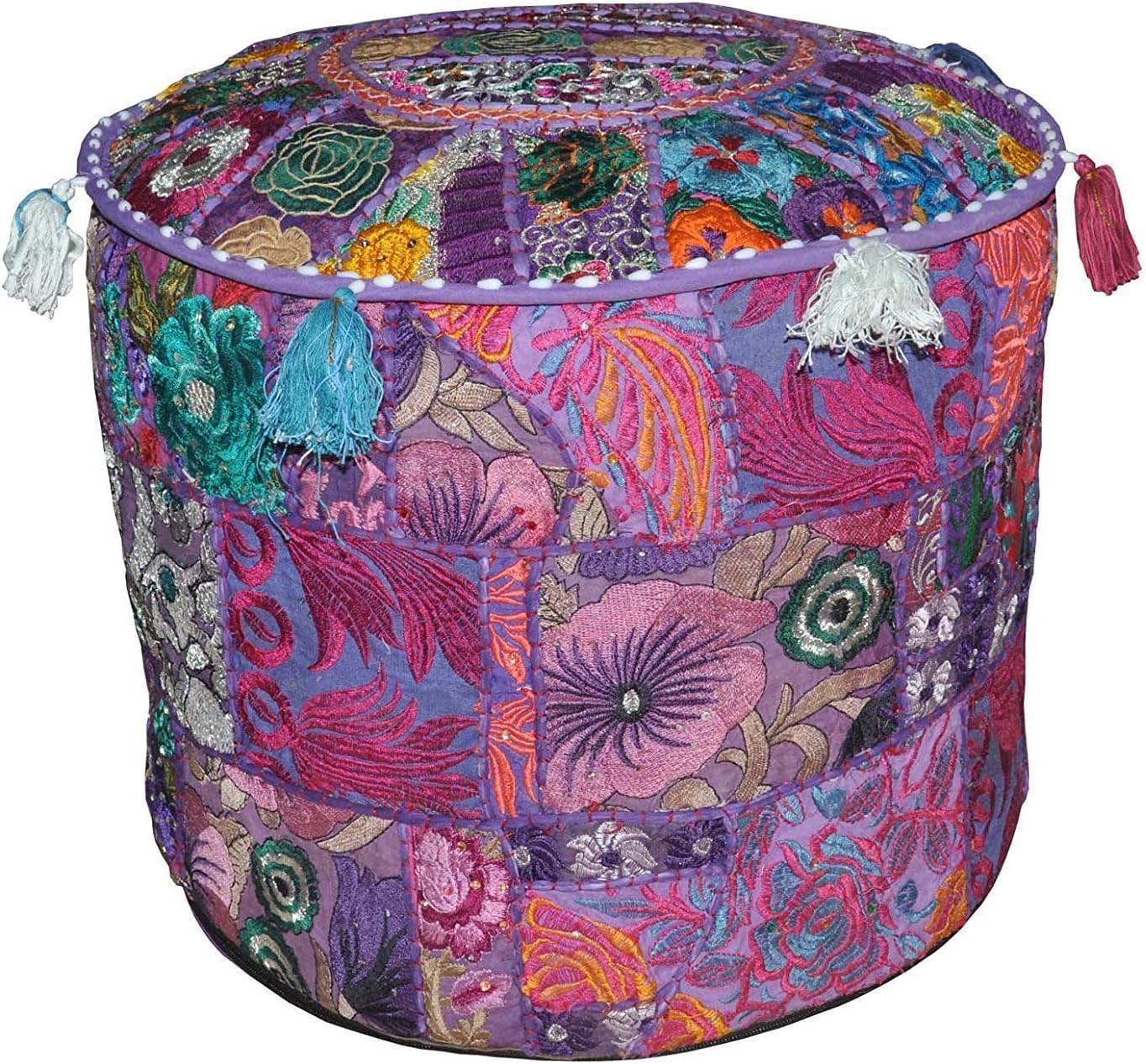 Bohemian Indian Patchwork Ottoman Pouf Cover – 14"x22" inchRound Cotton Embroidered Footstool Pillow – Vintage Ethnic Decor, Purple (Cover Only)