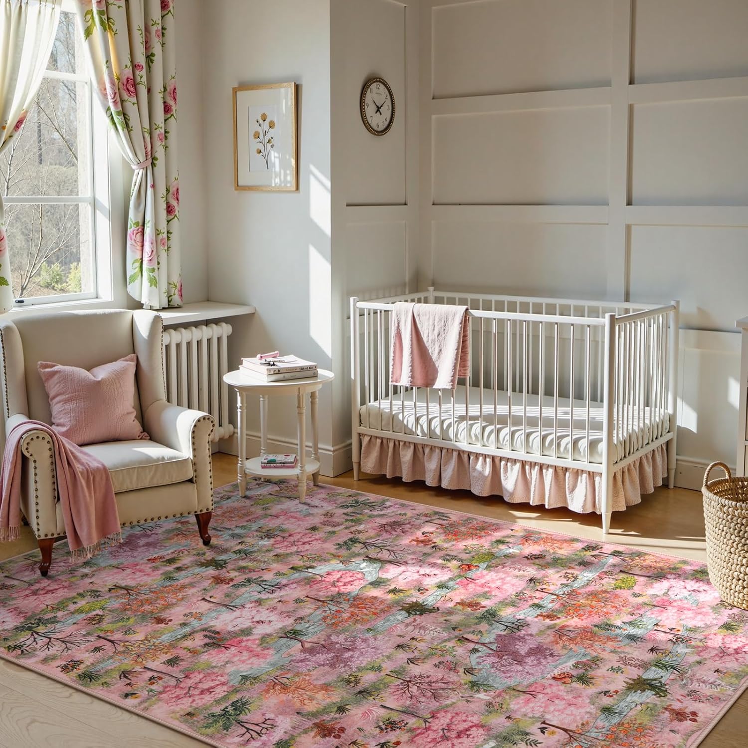 Wonnitar Forest Print Pink Rug for Bedroom, Soft Washable Rugs 5x7, Ultra-Thin Non Slip Boho Pink and Green Woodland Nursery Carpet for Living Room, Dorm, Kids Playroom