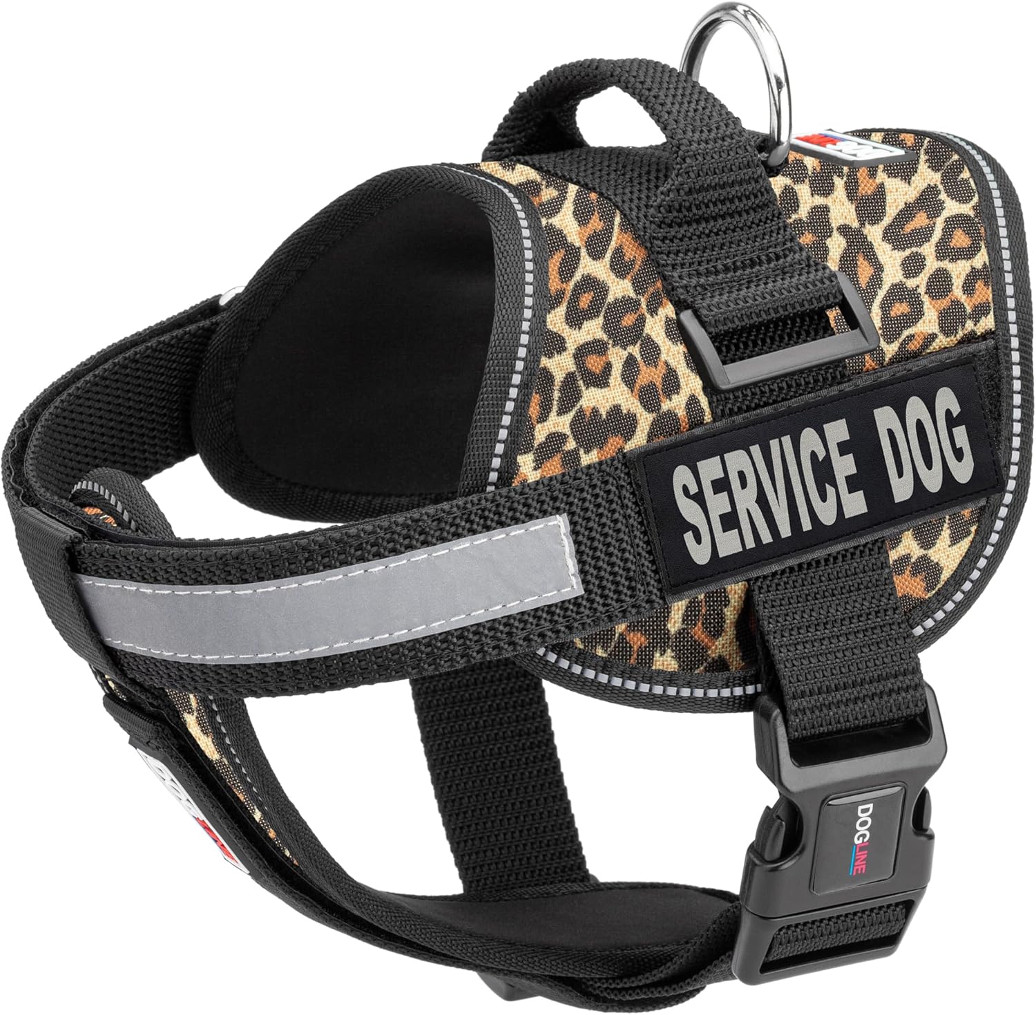 Dogline Unimax Dog Harness Vest with Service Dog Patches Reflective No-Pull, Adjustable Straps, Breathable Neoprene for Medical, Service, Identification and Training Dogs Girth 15 to 19" Leopard Brown