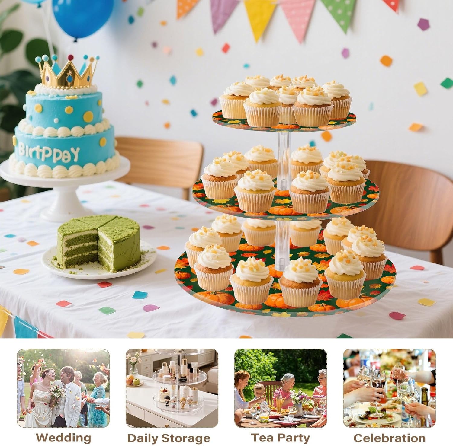 Autumn Fall Pumpkin Maple Leaves Thanksgiving 3 Tier Acrylic Cupcake Stand, Cupcake Stand for 34 Cupcakes for Weddings,Christmas,Holidays,Parties,Birthday,Printed Cupcake Tower 23302056