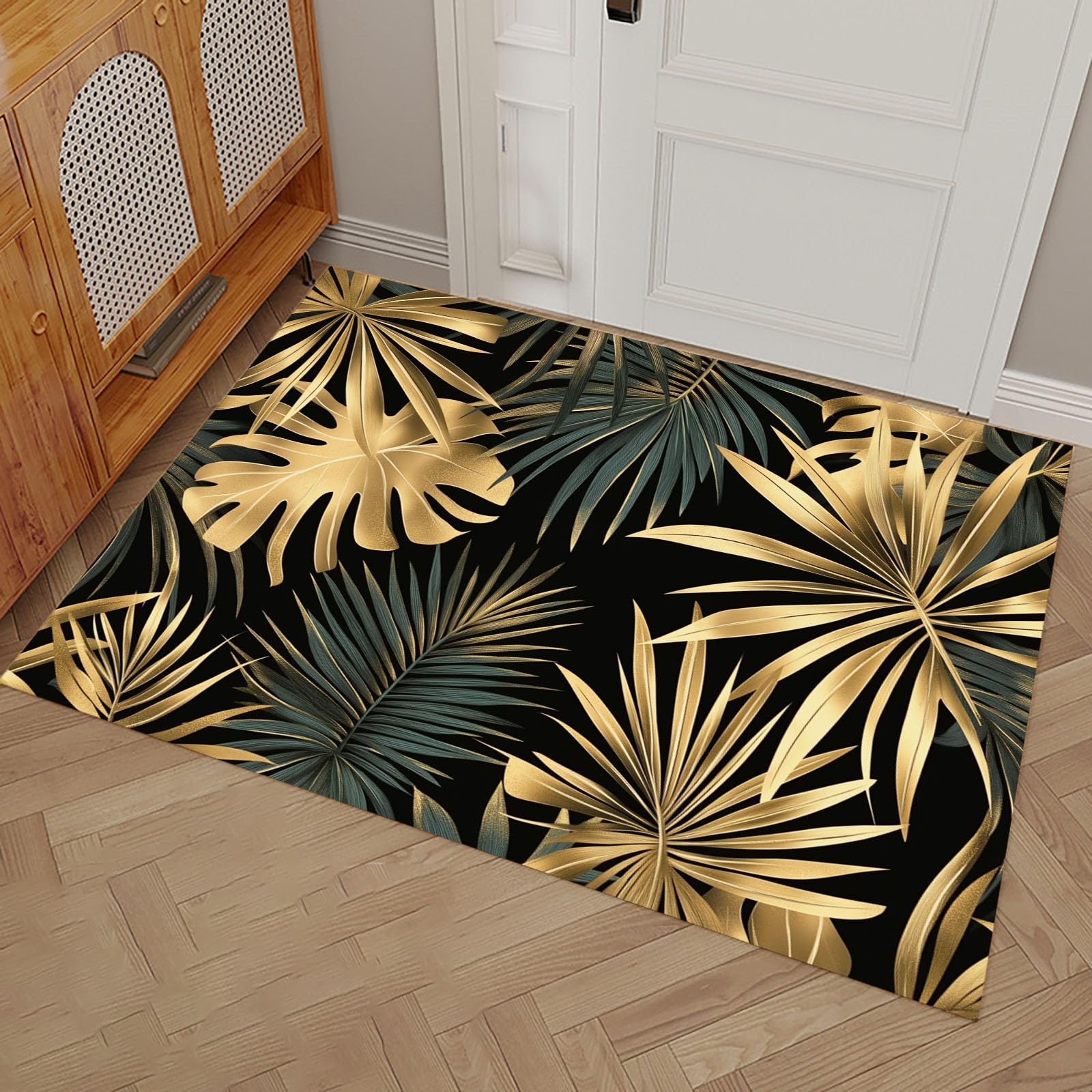 Tapis d'entrée super fin noir 50x80cm avec motif plantes de palmier et dossier antidérapant