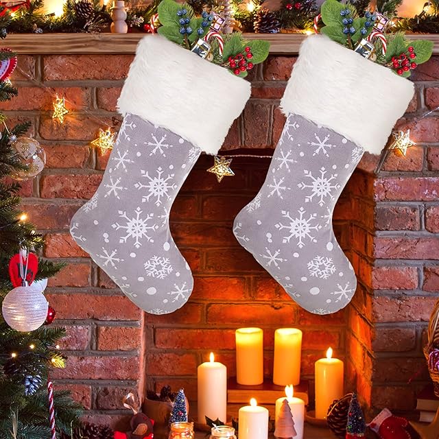 Whaline 18" Grey Snowflake Christmas Stocking, Xmas Hanging Stocking with Fur Trim for Gift Holder Mantel Decoration Party Xmas Holiday Ornament (Pack of 2)