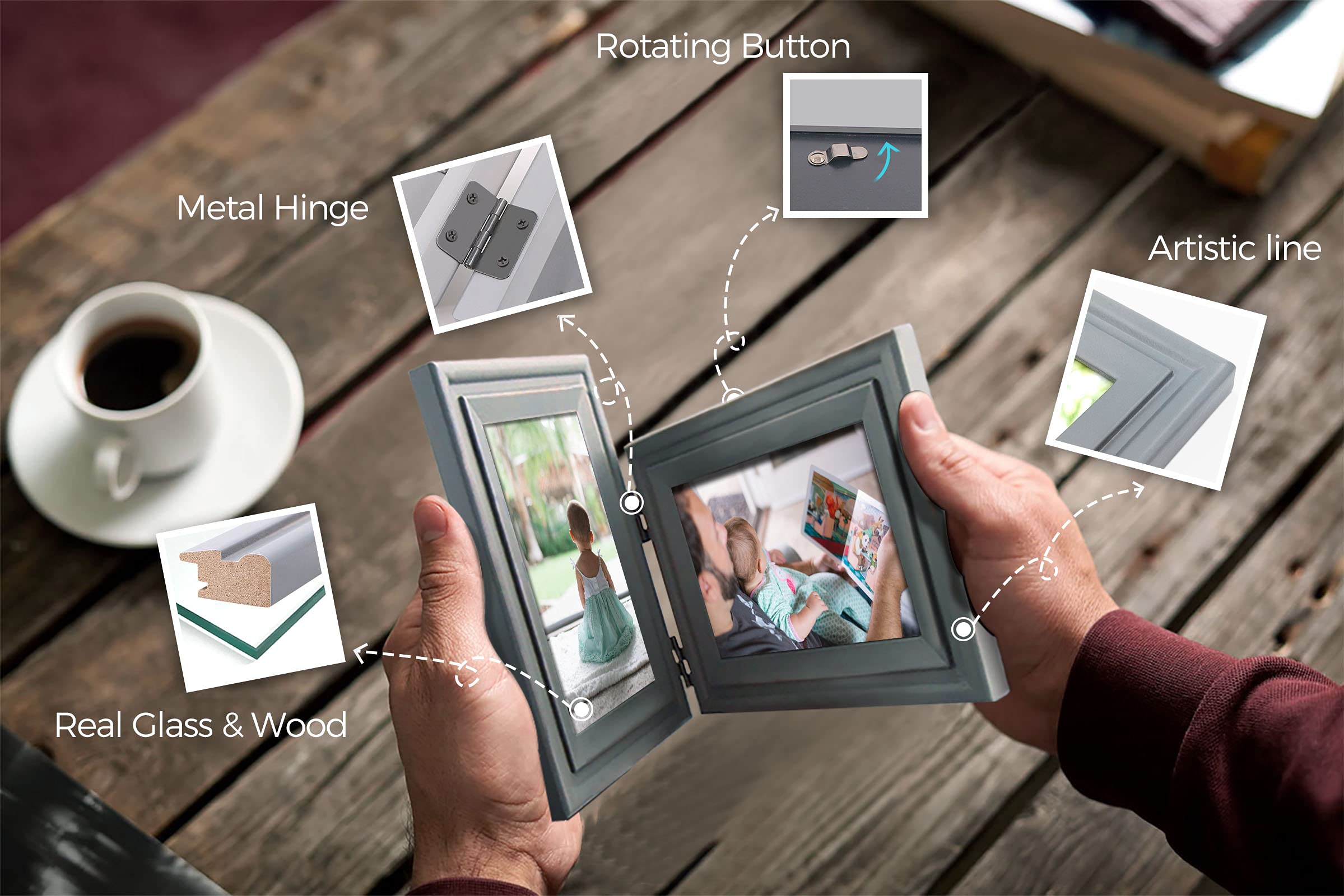 Vertical Horizontal Combo, Double 4x6 Gray Wood Hinged Picture Frame