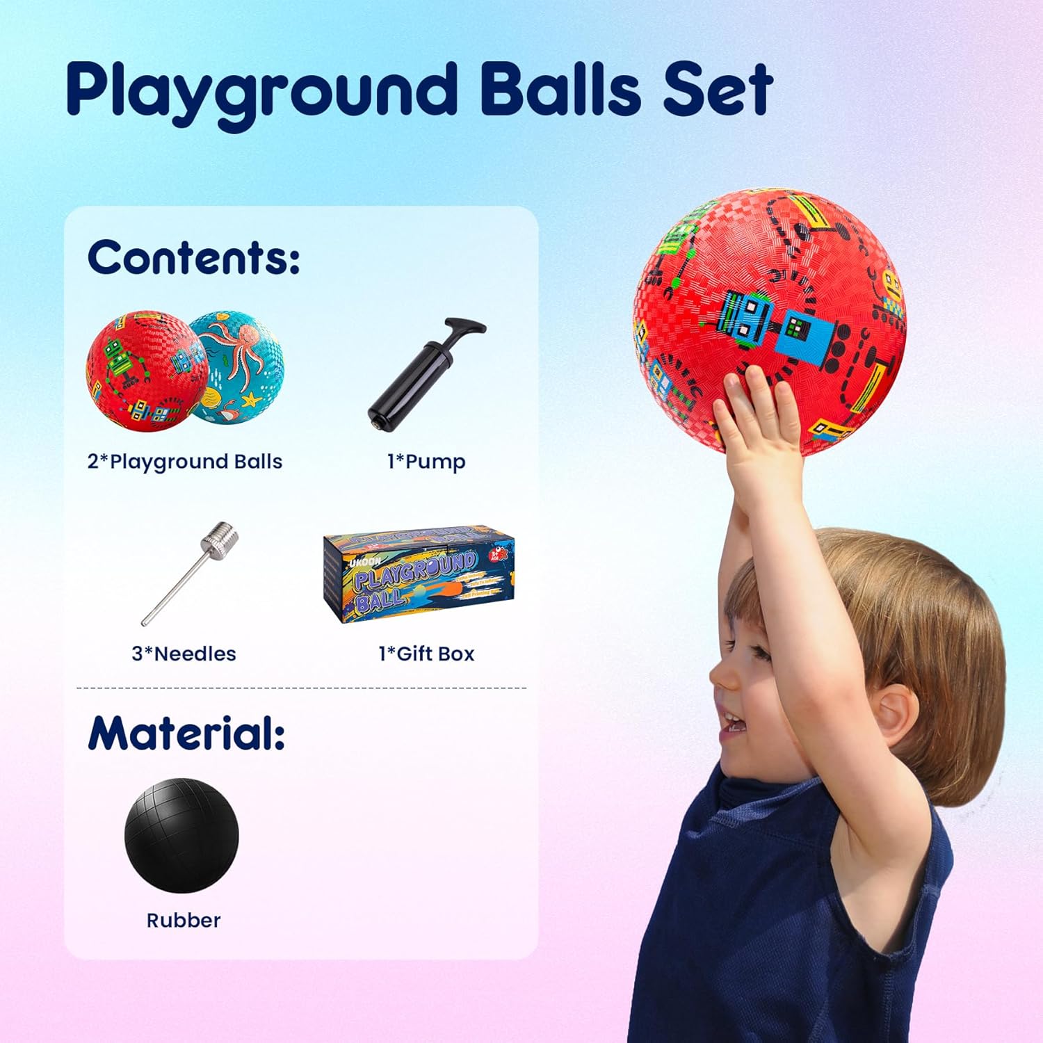 U&C Planet Playground Balls for Toddlers 1-3, 2 Pack 6 inch 8.5 inch Kickball for Kids Outdoor Indoor, Catoon Rubber Balls with Pump, Child Gift for Boys Girls 1-3 3-5 5-10