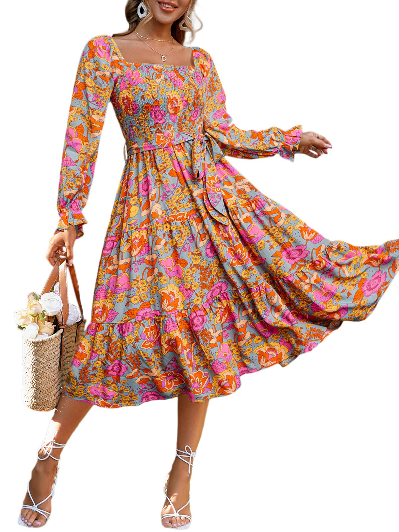 Simplee Womens Long Sleeve Maxi Dress Casual Square Neck Smocked Flowy Fall Wedding Guest Dresses