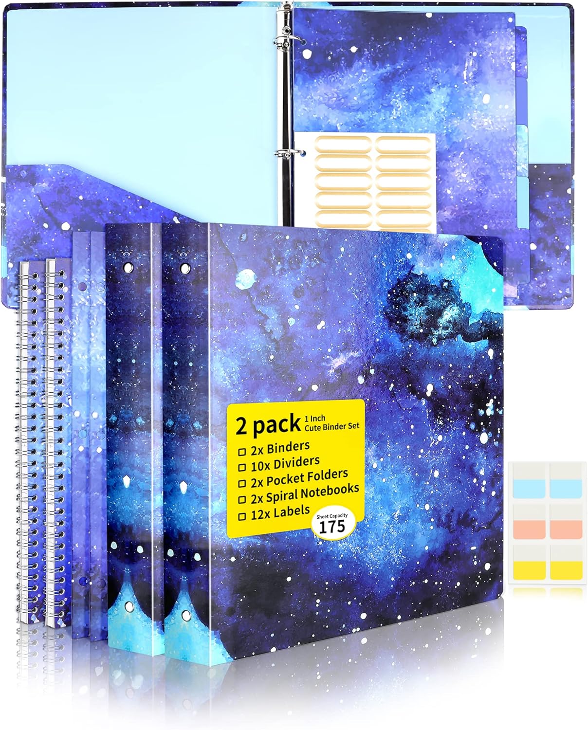 Cute Binder SUNEE 2 Pack 3 Ring Binder 1 Inch with 2 Pockets, 10 Tab Dividers, 2