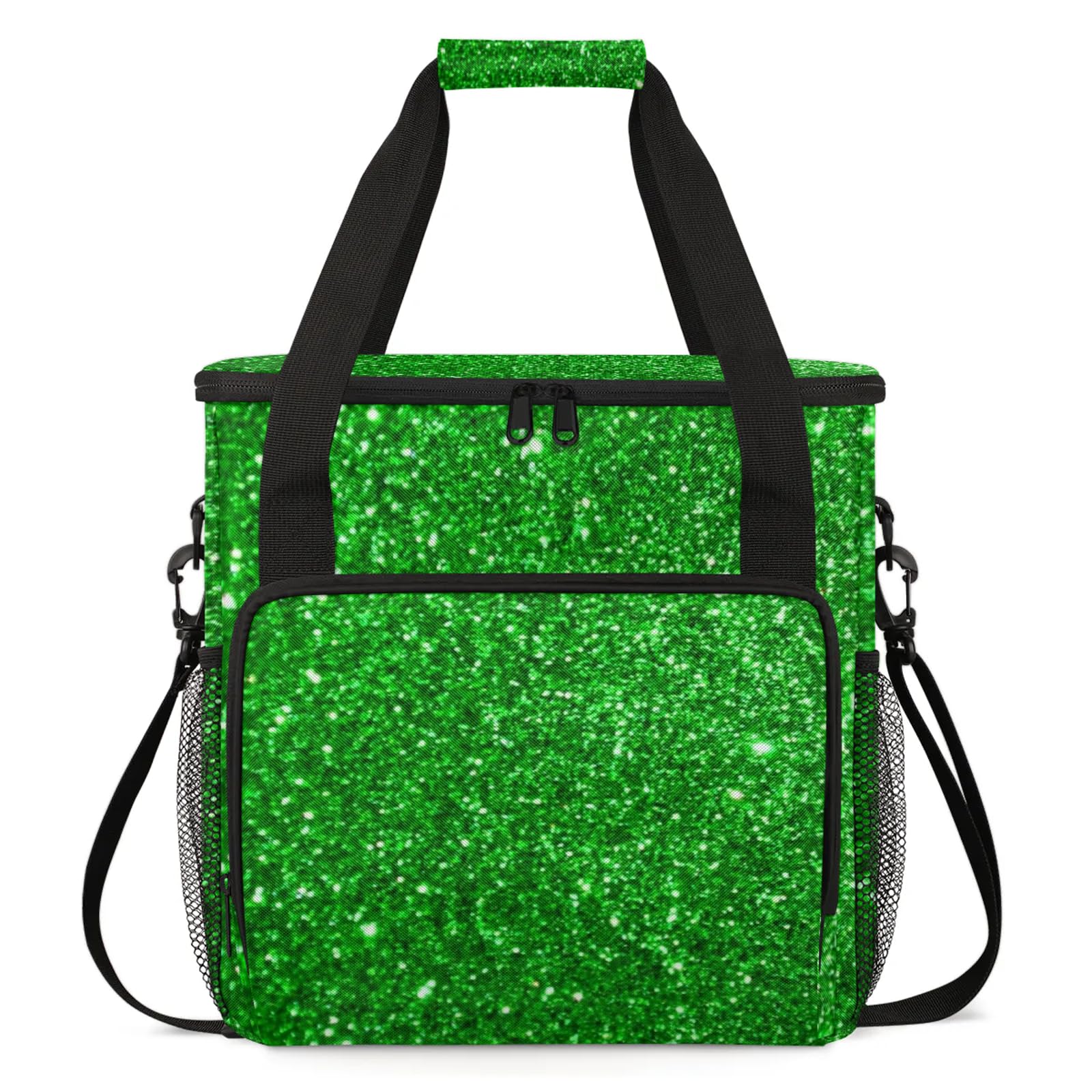 Adornori Green Glitters Print Travel Coffee Maker Carrying Bag, Large Organizer Storage Tote Bag Insulated Reusable Cooler Grocery Bags