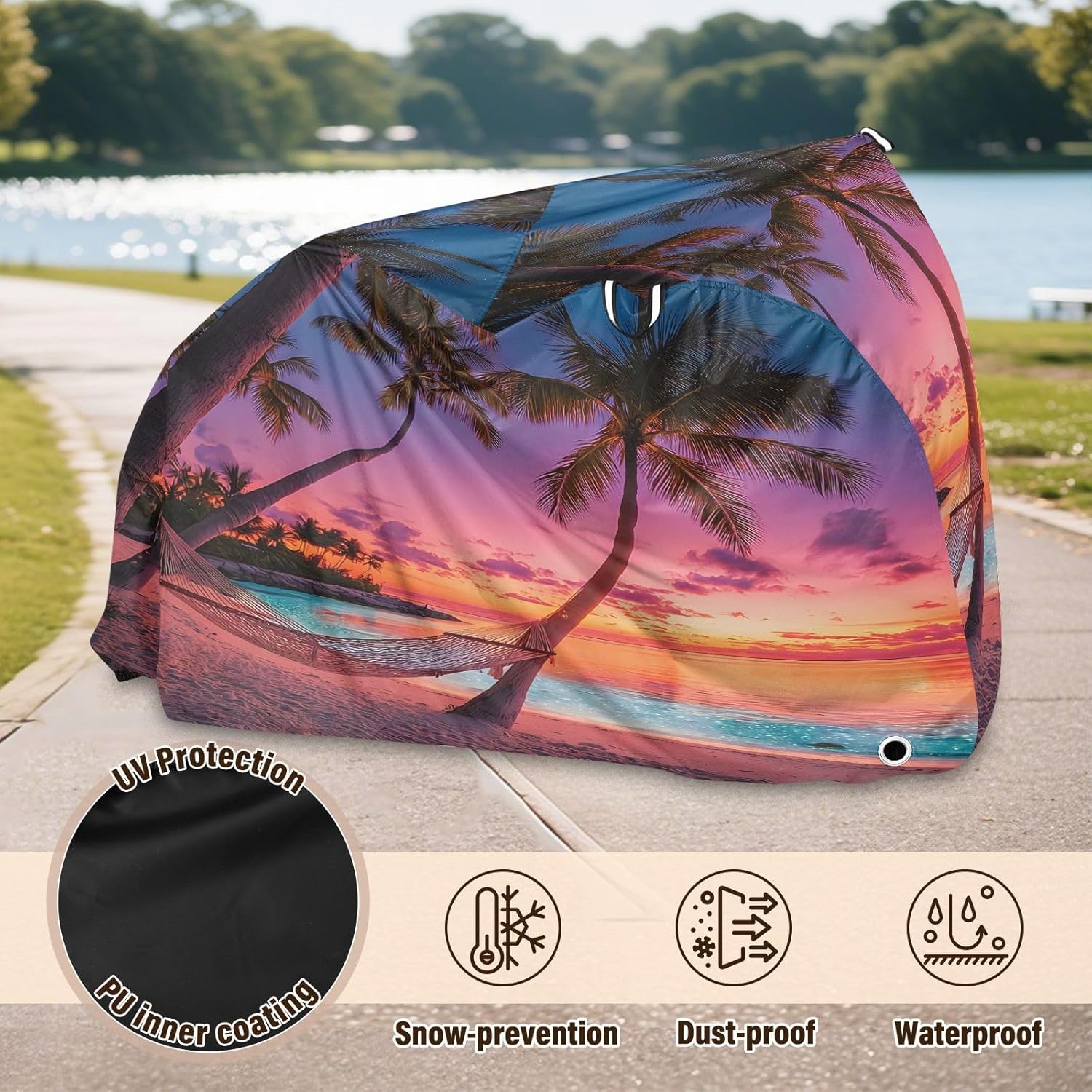 ALAZA Sunset Beach Summer Bike Cover Waterproof Outdoor Ebike Bicycle Covers Tarp Protection for 1/2 Bikes, Sun UV Dust Wind Proof
