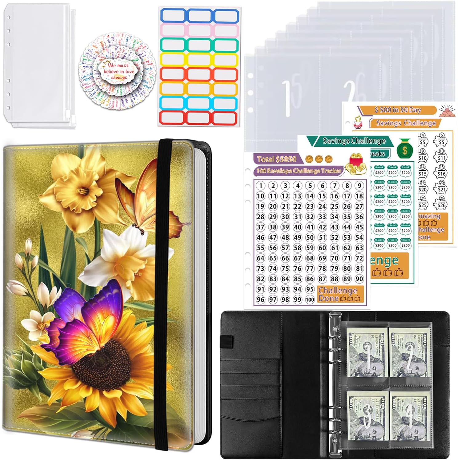 100 Envelopes Money Saving Challenge, A5 Budget Binder with Cash Envelopes & 3 Budgeting Planner Trackers to Save $5,050 Money ，Savings Challenge Book for Organizer, Sunflower Butterfly