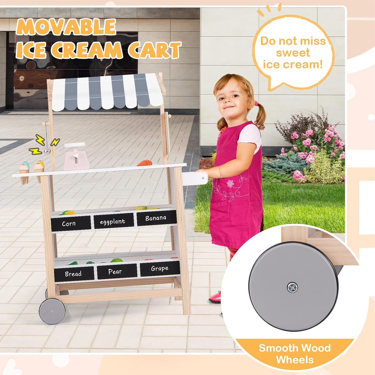 GLACER Ice Cream Cart for Kids - Wood Grocery Store Pretend Play with Making Counter, Produce Scale, Chalkboard, Bell, Wheels, Canopy, Portable Ice Cream Stand for Boys Girls (White)