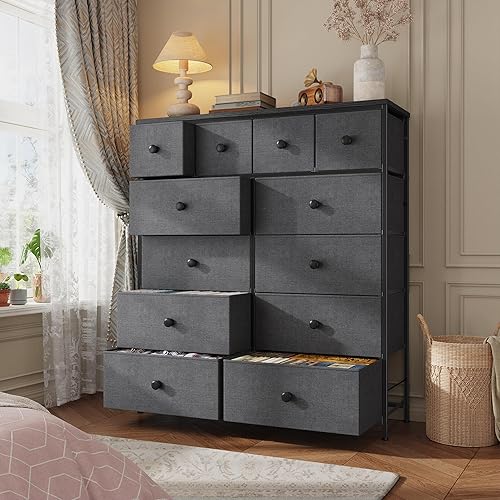 Miniatura 2 de Cómoda alta para dormitorio con 12 cajones de tela y cómodas, cómoda de dormitorio con marco de metal, parte superior de madera, armario de entrada,