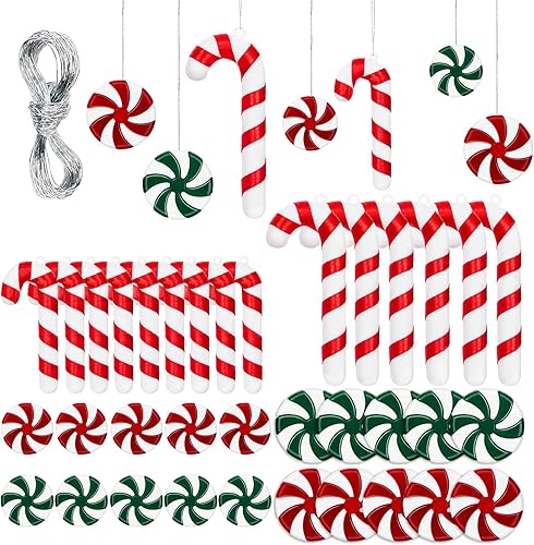 LEMEOSO 48 piezas de decoración de árbol de Navidad de bastón de caramelo, adornos colgantes de bastón de caramelo de menta de plástico con cuerdas