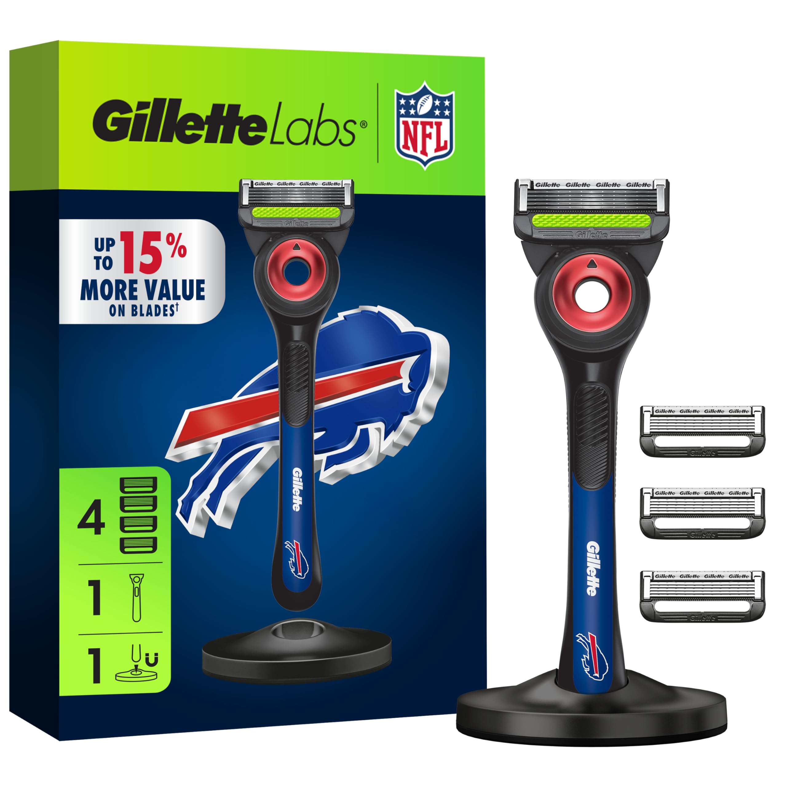 Gillette Labs Official Bills Licensed Razor for Men, 1 Handle, 4 Blade Refills, with Magnetic Stand, Perfect for Game Day Grooming, Gillette Labs with Exfoliating Bar