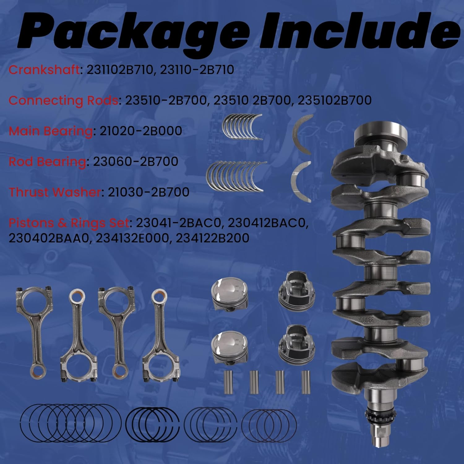 G4FJ 1.6L Engine Crankshaft Piston Connecting Rod Bearings Kit Fit for Hyundai Elantra Accent Verna Tuscon Veloster Sonata 2014-2019 for Kia Optima Forte Sportage 2015-2021 1.6L 231102B710 235102B700